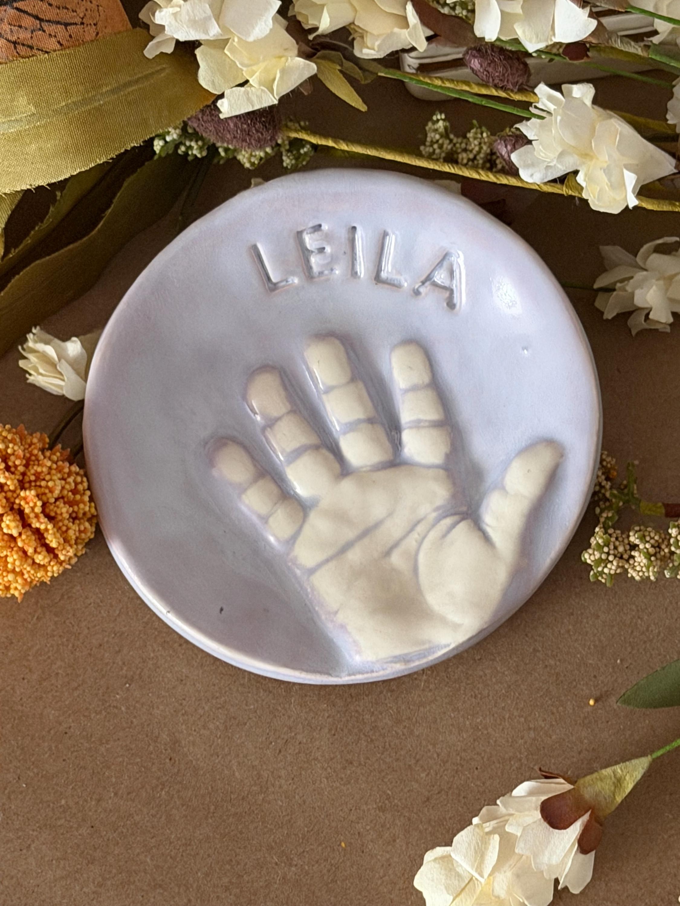 Custom Handprint Ceramic Dish, Baby Keepsake Jewelry Plate, Personalized Initial Bowl, view 17