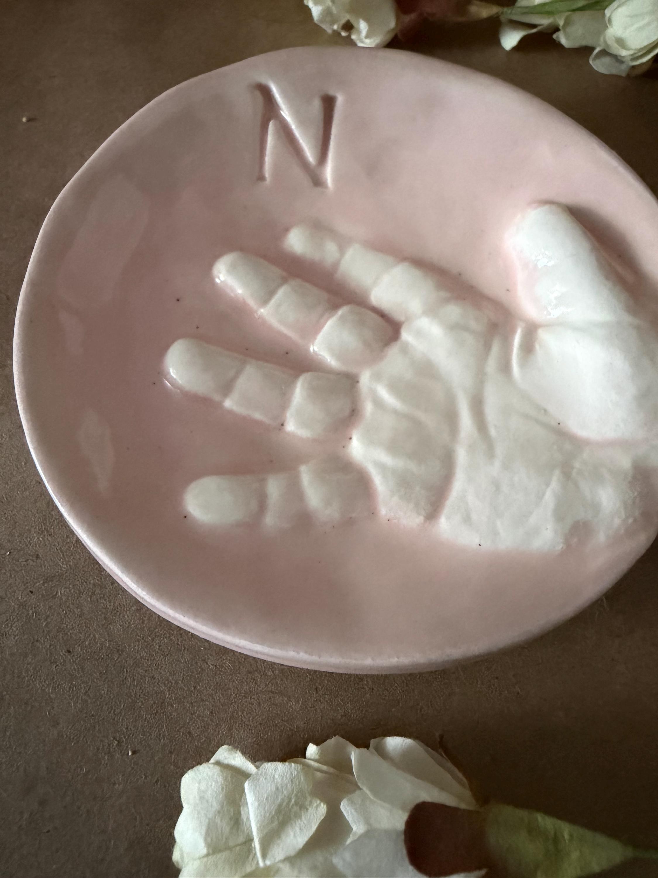 Custom Handprint Ceramic Dish, Baby Keepsake Jewelry Plate, Personalized Initial Bowl, view 18