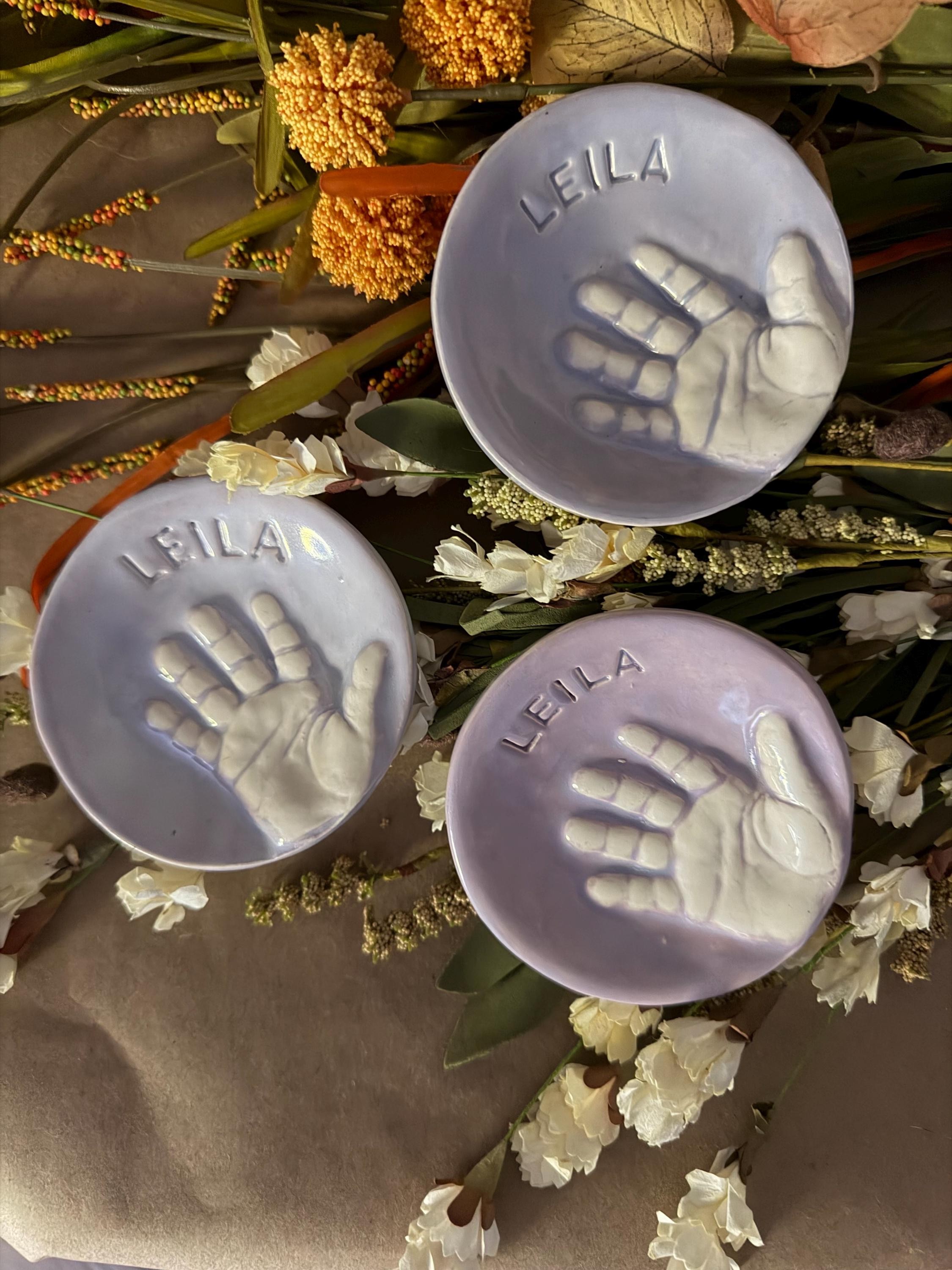 Custom Handprint Ceramic Dish, Baby Keepsake Jewelry Plate, Personalized Initial Bowl, view 19