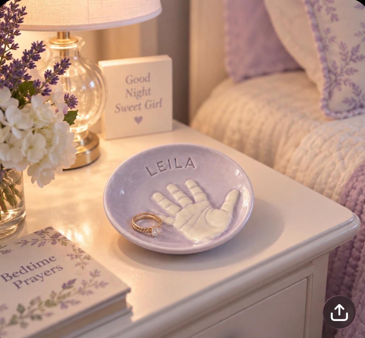 Custom Handprint Ceramic Dish, Baby Keepsake Jewelry Plate, Personalized Initial Bowl, view 2