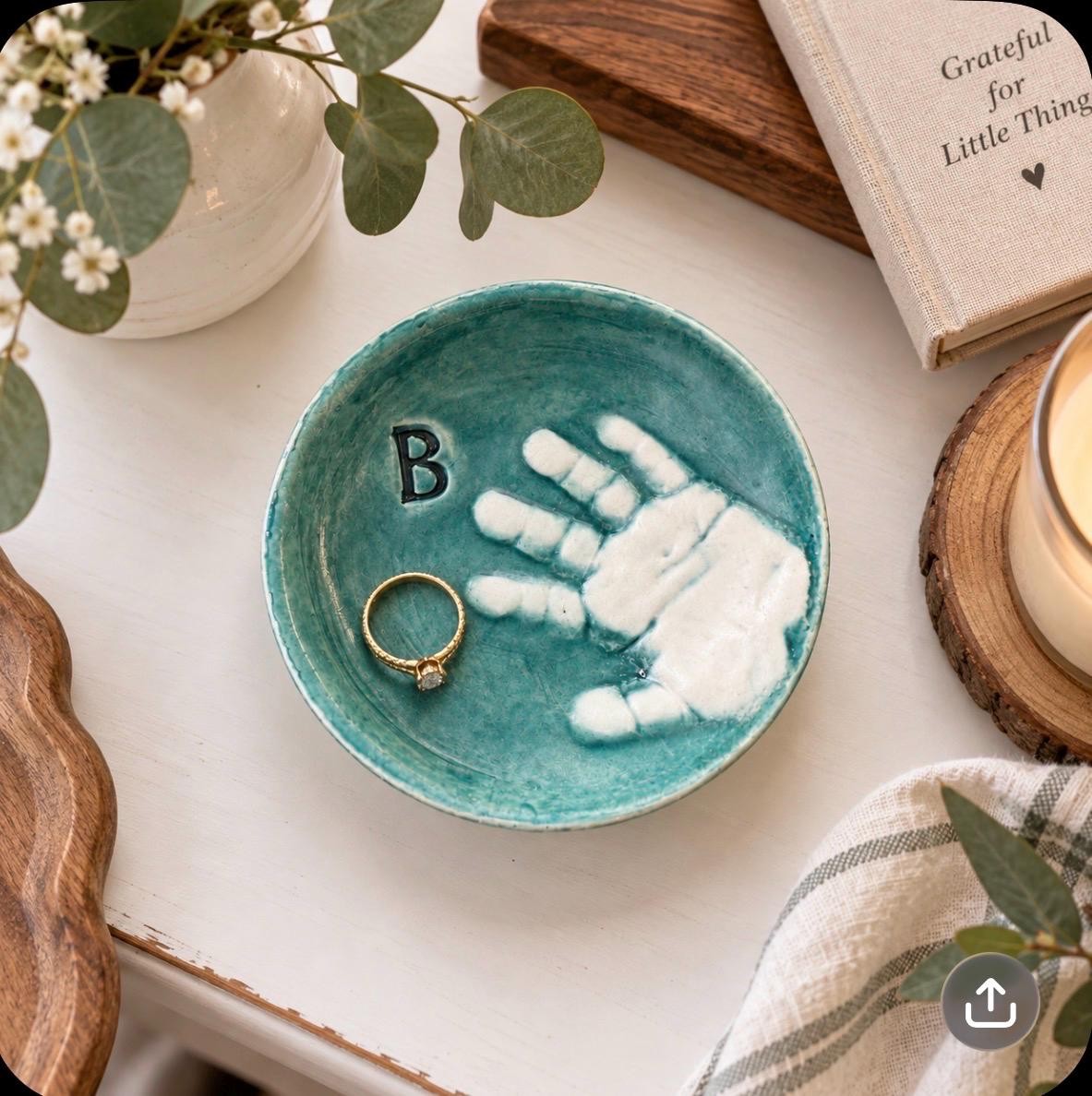 Custom Handprint Ceramic Dish, Baby Keepsake Jewelry Plate, Personalized Initial Bowl, view 20