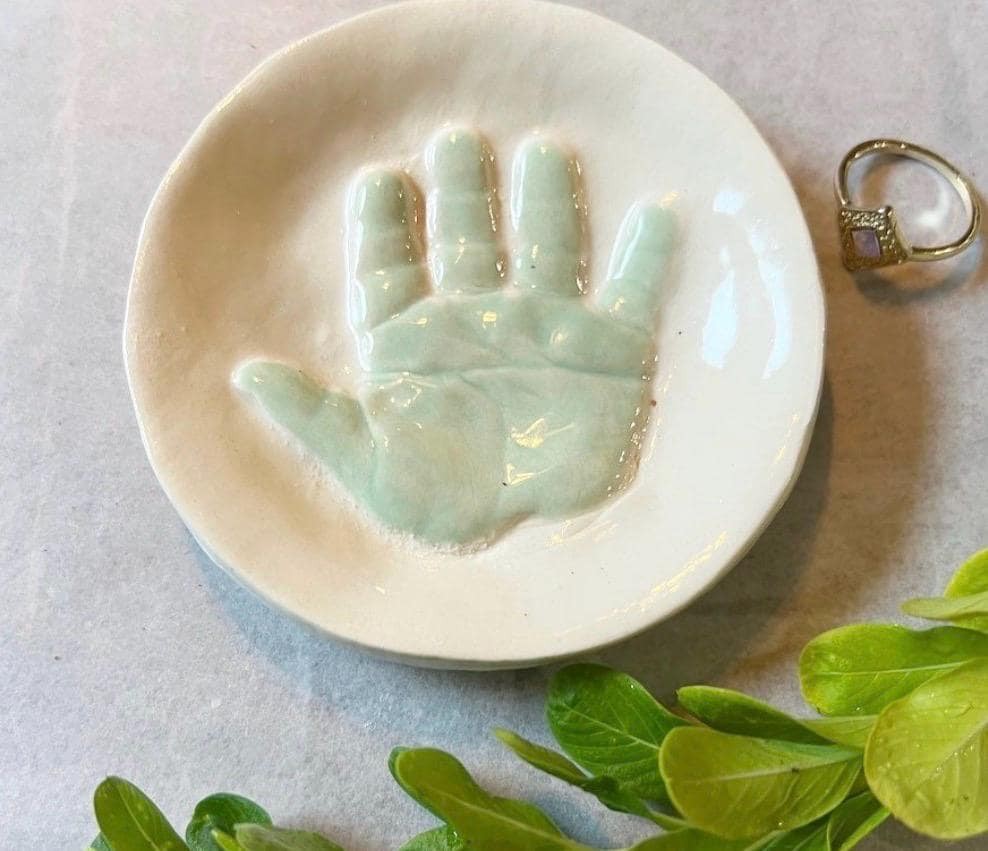 Custom Handprint Ceramic Dish, Baby Keepsake Jewelry Plate, Personalized Initial Bowl, view 5