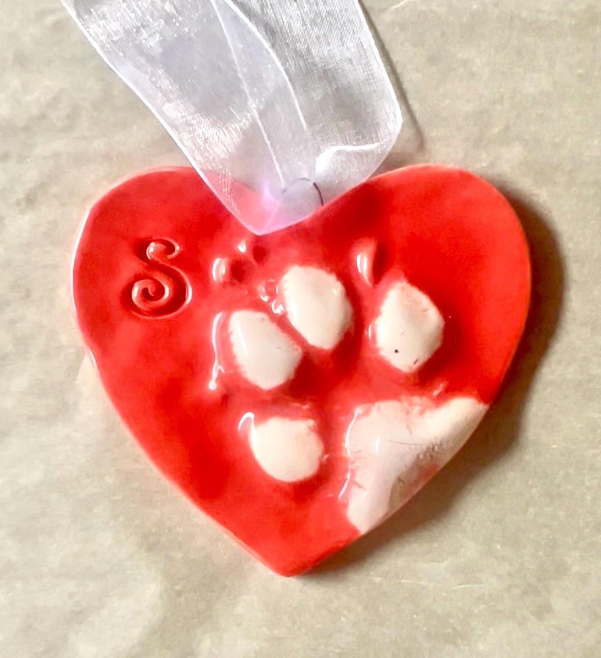 Small Ceramic Paw Print Heart Ornament, Custom Dog Keepsake, Puppy Memorial Gift