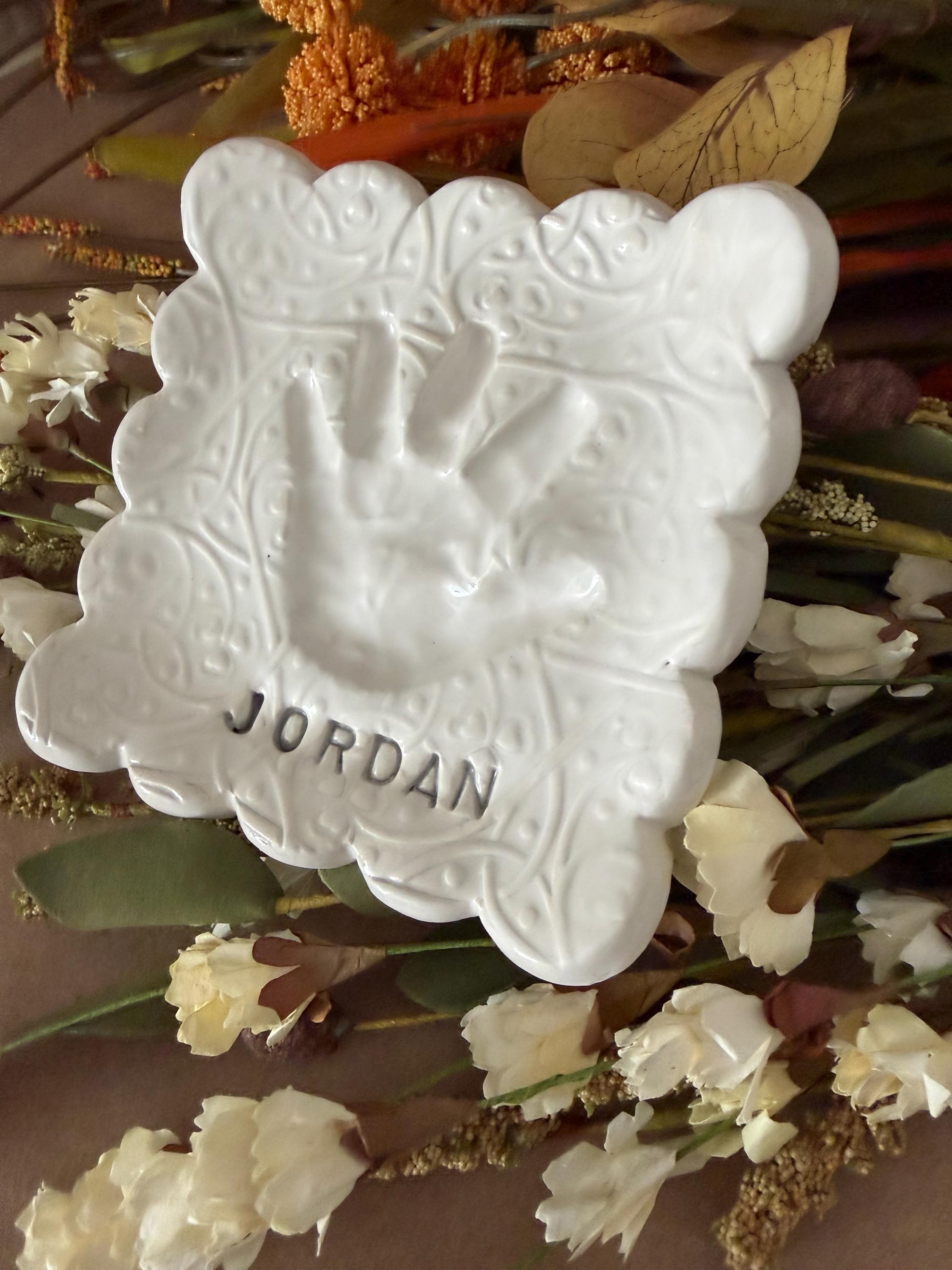 Custom Ceramic Handprint Keepsake Plate, Baby Handprint Dish, Heirloom Gift, view 3