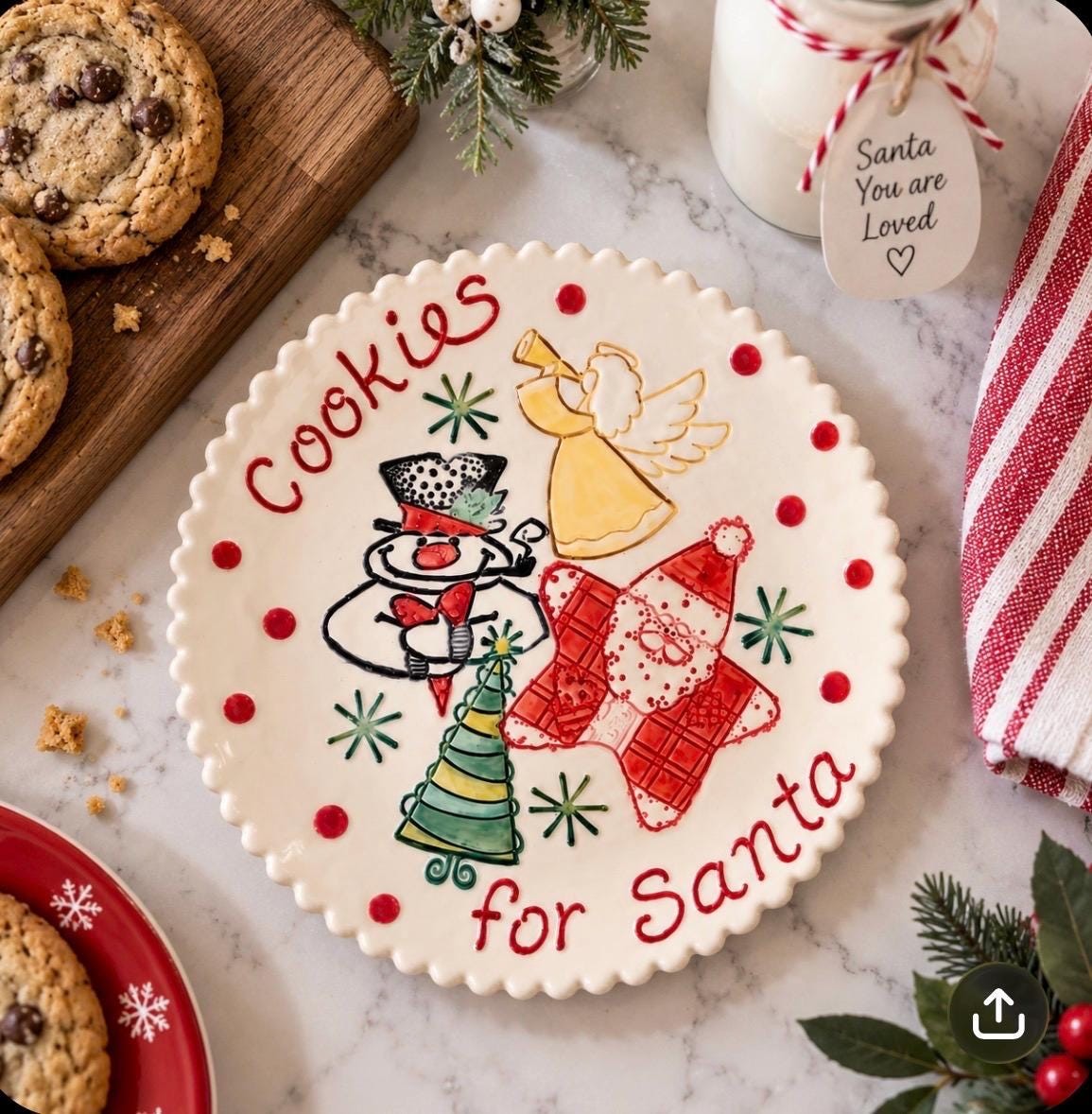 Handmade Ceramic Santa Cookie Plate, Christmas Tradition Keepsake (9" Diameter)
