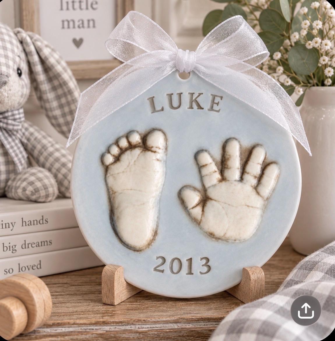 Ceramic baby handprint and footprint keepsake