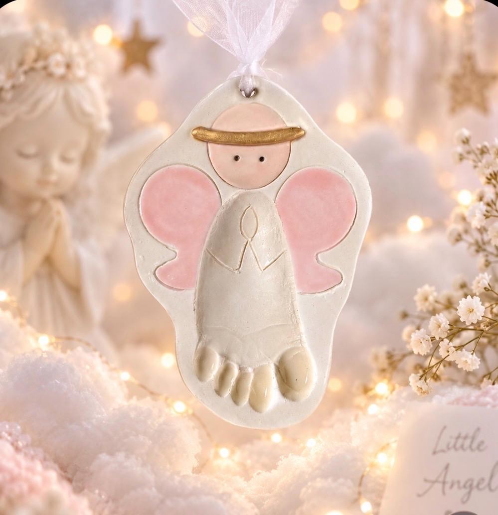 Baby Girl or Boy Gift Ornament Newborn Personalized Heirloom Baby Ornament Footprint New Mom Gift Ceramic Footprint Angel Ornament, view 10