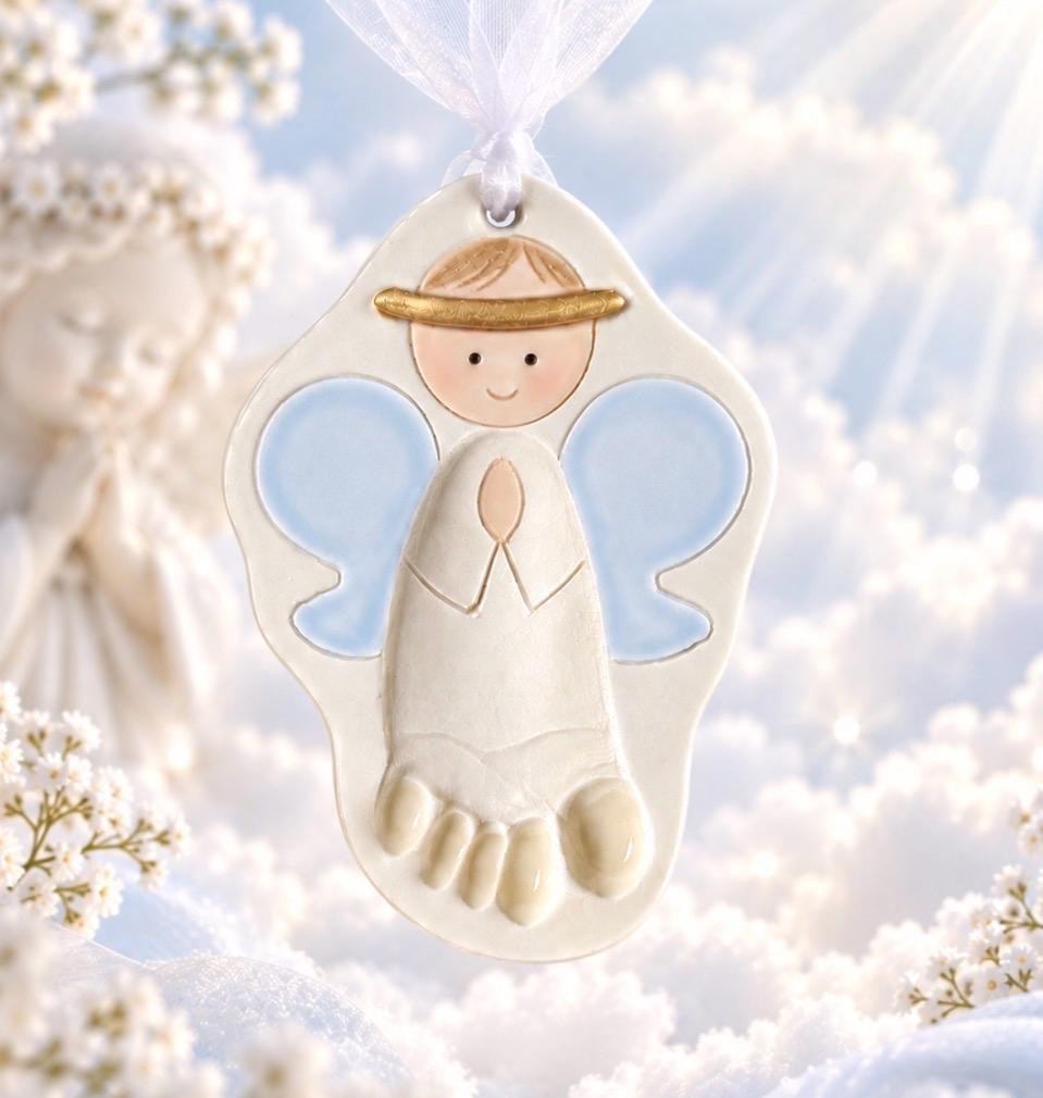 Baby Girl or Boy Gift Ornament Newborn Personalized Heirloom Baby Ornament Footprint New Mom Gift Ceramic Footprint Angel Ornament, view 11