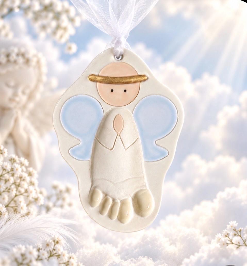 Baby Girl or Boy Gift Ornament Newborn Personalized Heirloom Baby Ornament Footprint New Mom Gift Ceramic Footprint Angel Ornament, view 2