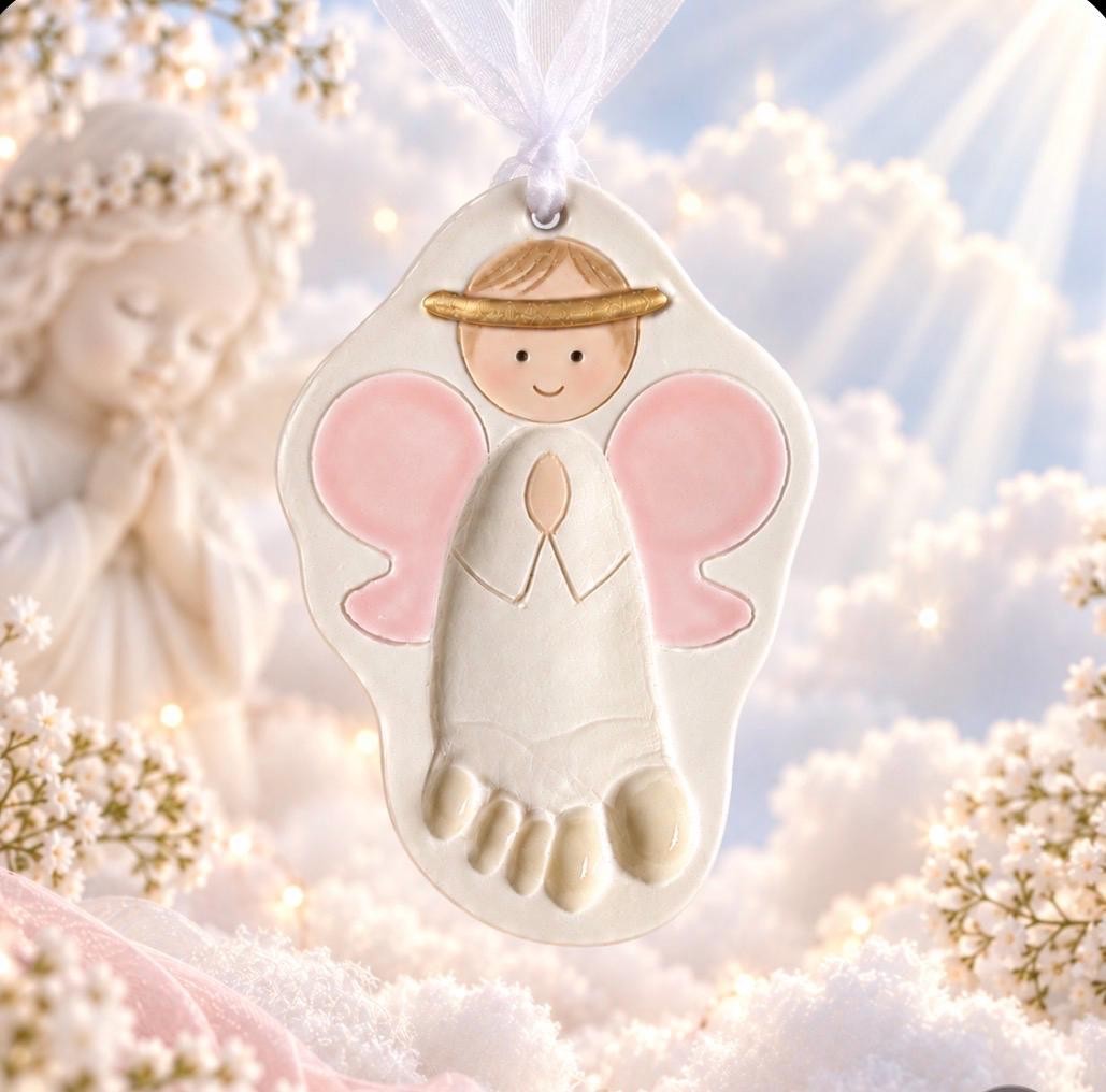 Baby Girl or Boy Gift Ornament Newborn Personalized Heirloom Baby Ornament Footprint New Mom Gift Ceramic Footprint Angel Ornament, view 3