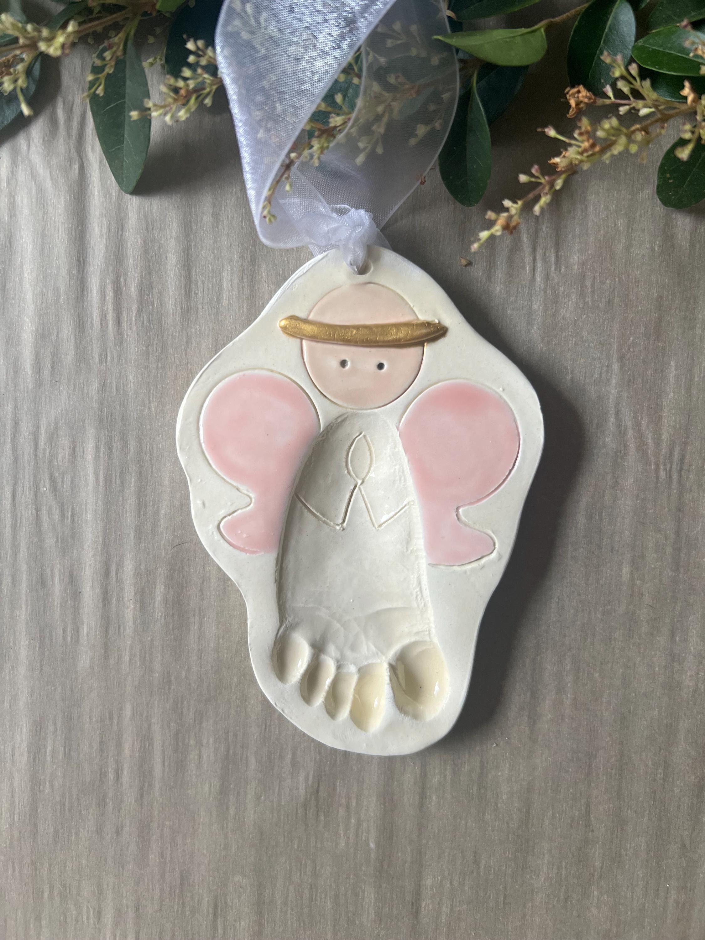 Baby Girl or Boy Gift Ornament Newborn Personalized Heirloom Baby Ornament Footprint New Mom Gift Ceramic Footprint Angel Ornament, view 4
