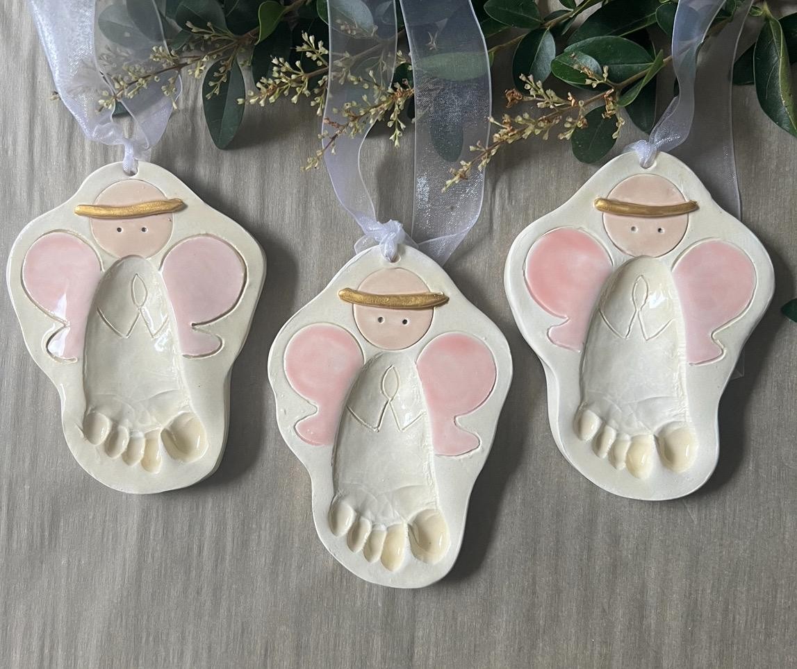 Baby Girl or Boy Gift Ornament Newborn Personalized Heirloom Baby Ornament Footprint New Mom Gift Ceramic Footprint Angel Ornament, view 6