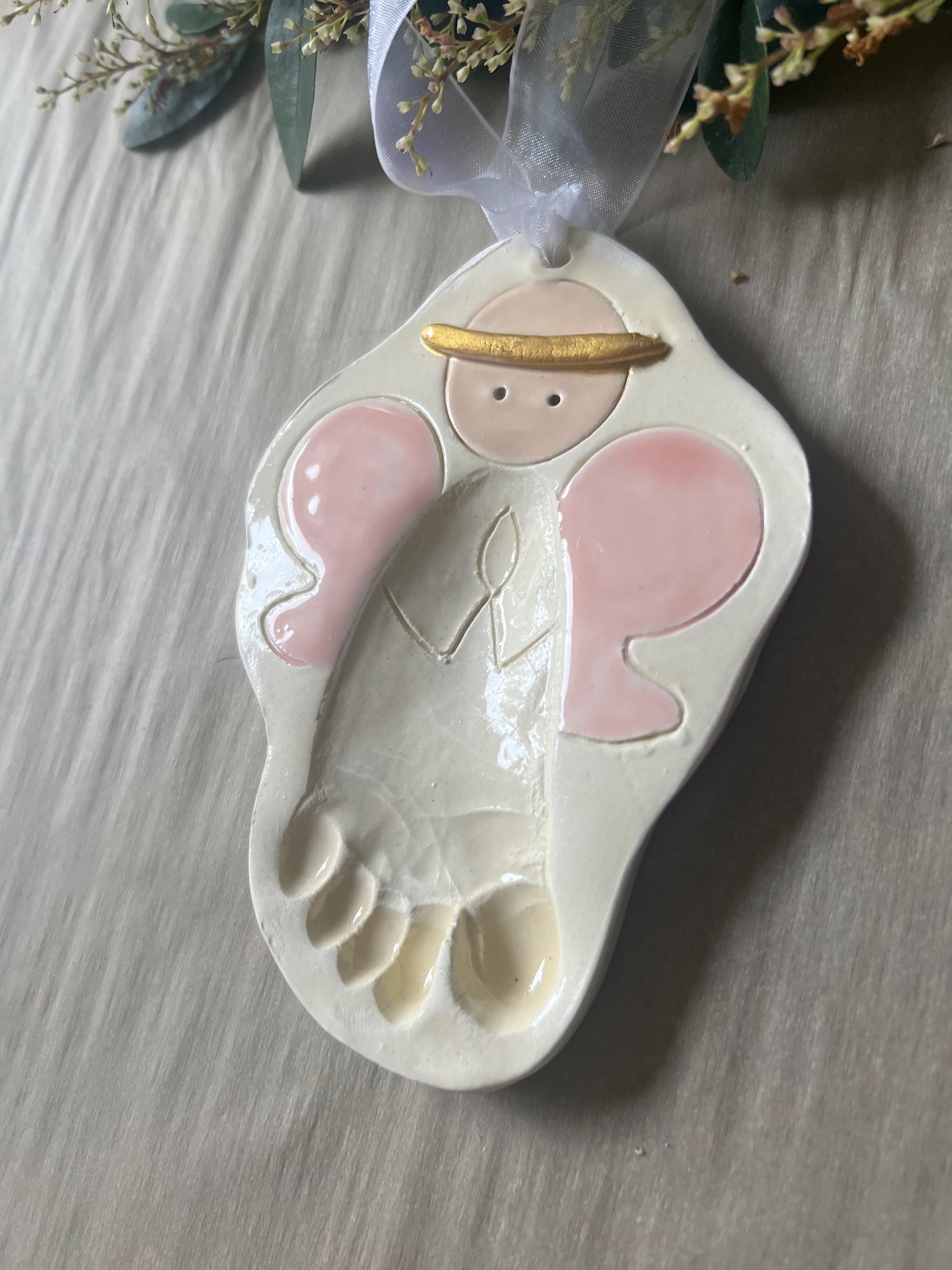 Baby Girl or Boy Gift Ornament Newborn Personalized Heirloom Baby Ornament Footprint New Mom Gift Ceramic Footprint Angel Ornament, view 8