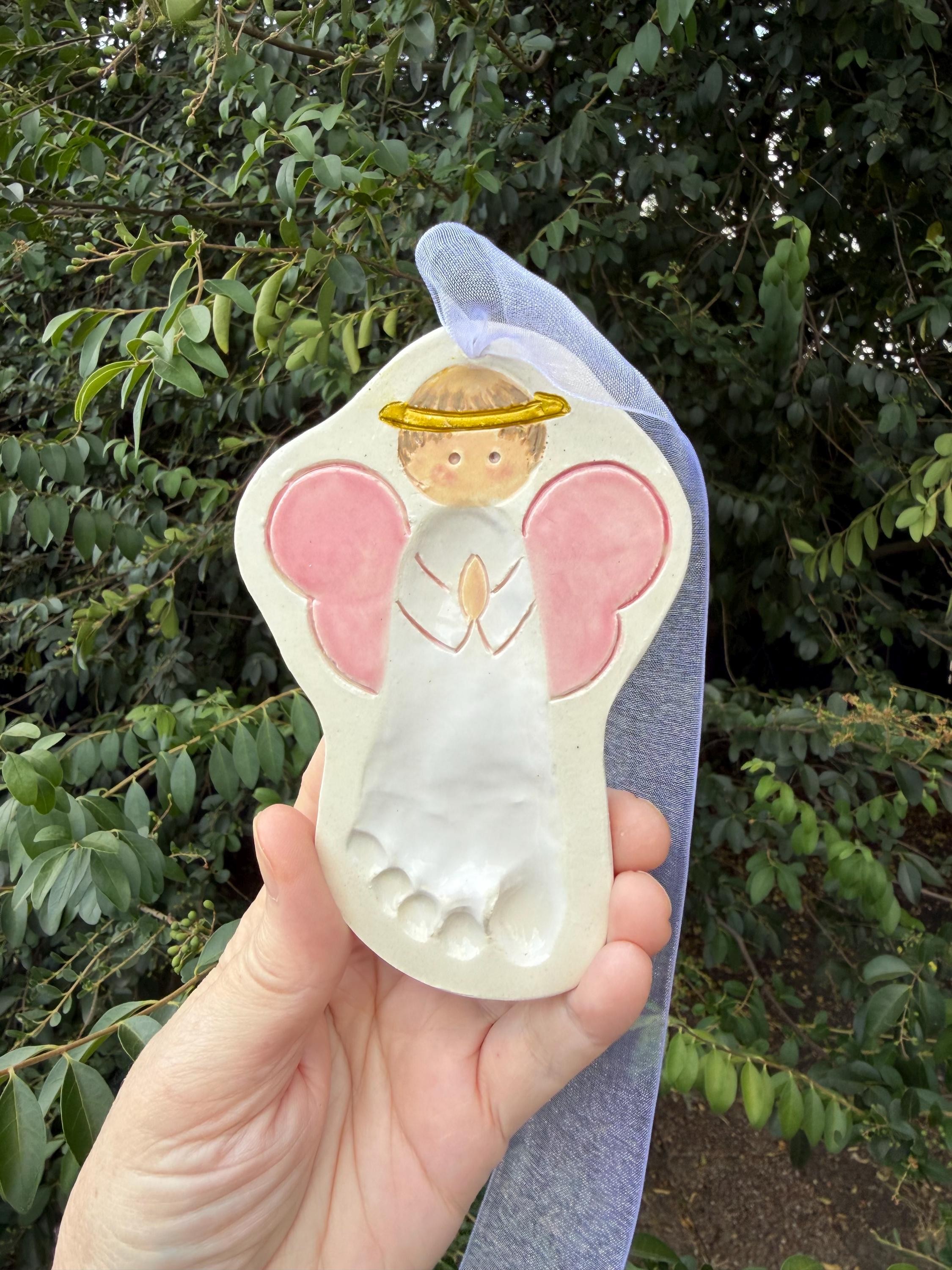 Baby Girl or Boy Gift Ornament Newborn Personalized Heirloom Baby Ornament Footprint New Mom Gift Ceramic Footprint Angel Ornament, view 9