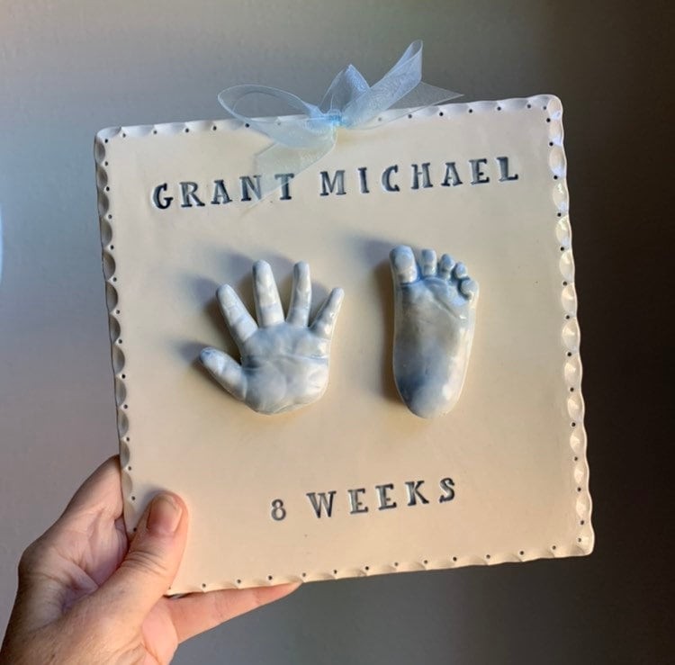 Custom baby keepsake , Heirloom Baby Gift, Ceramic Hand and Footprint, Clay Handprints, view 6