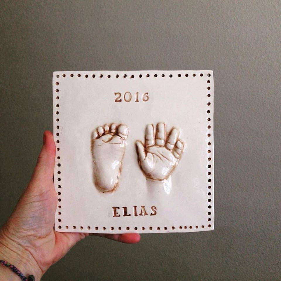 Custom baby keepsake , Heirloom Baby Gift, Ceramic Hand and Footprint, Clay Handprints, view 7