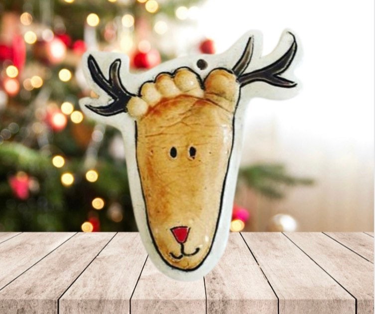 Personalized Baby's First Christmas Ornament, Reindeer Footprint Baby Keepsake Gift, Footprint Art Infant Memento New Baby Christmas Gift