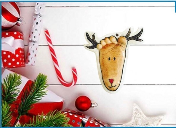 Personalized Baby's First Christmas Ornament, Reindeer Footprint Baby Keepsake Gift, Footprint Art Infant Memento New Baby Christmas Gift, view 2