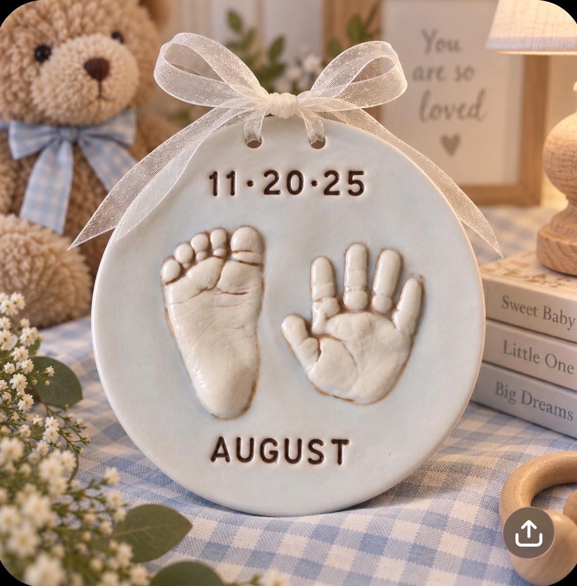 Ceramic Baby Handprint Footprint Keepsake Ornament, Custom Newborn Keepsake Gift