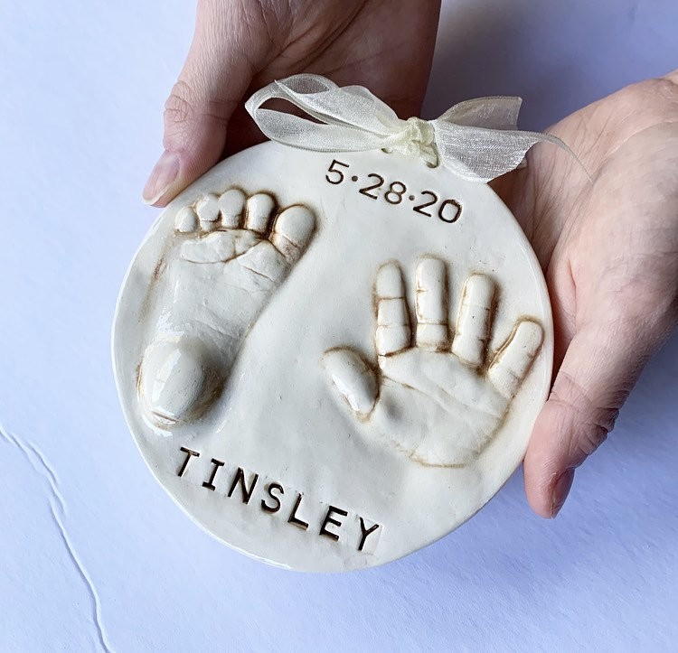 Ceramic Baby Handprint Footprint Keepsake Ornament, Custom Newborn Keepsake Gift, view 6