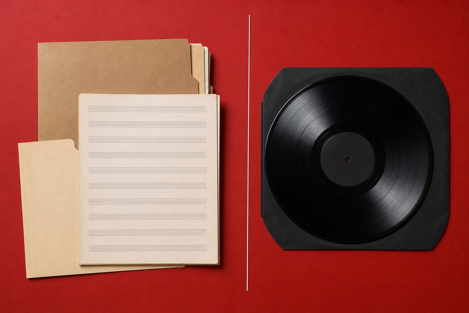 An archival music manuscript and vinyl record kept in separate folders on a red surface