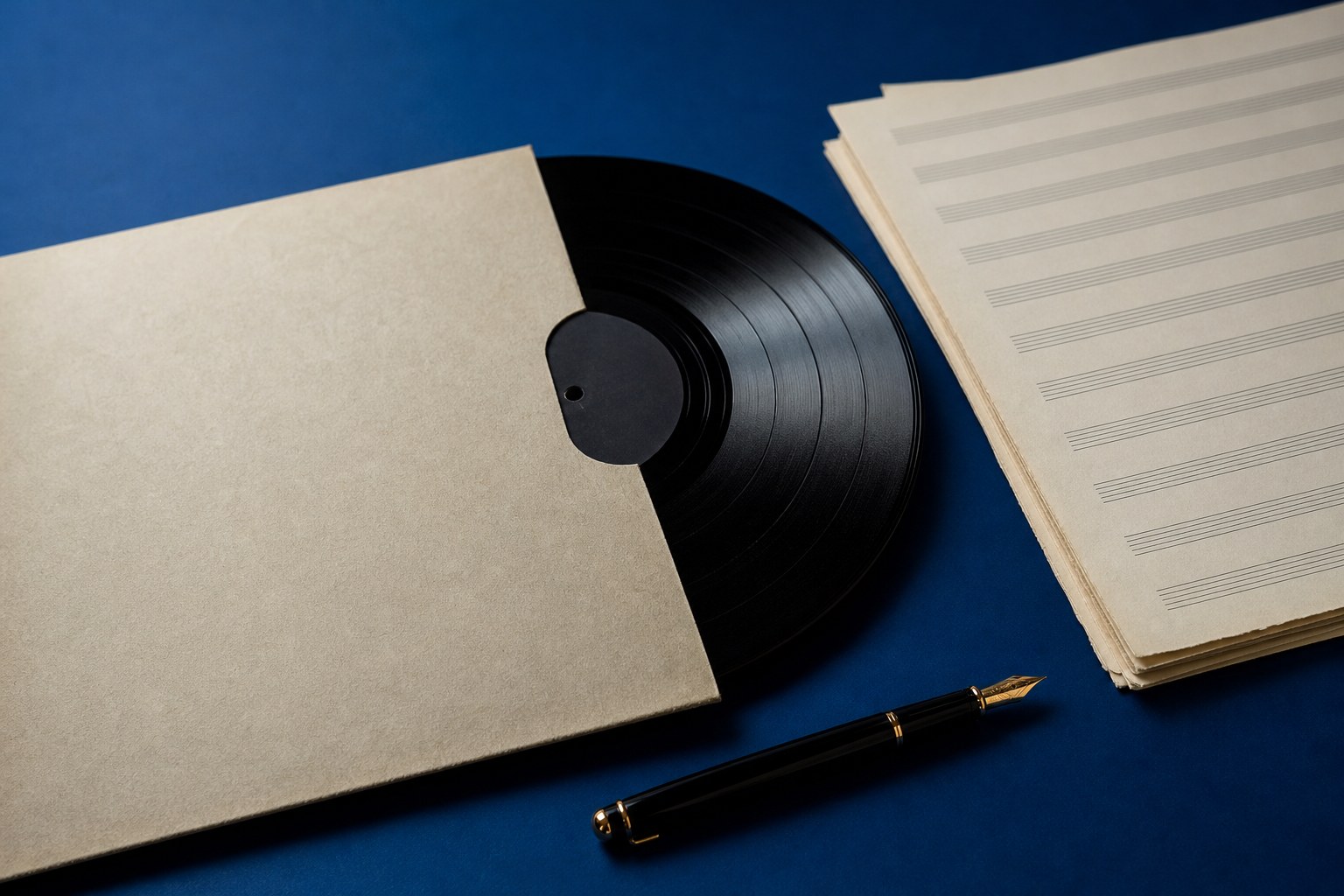 A vinyl record, archival sleeve, pen, and blank music paper on a blue studio surface