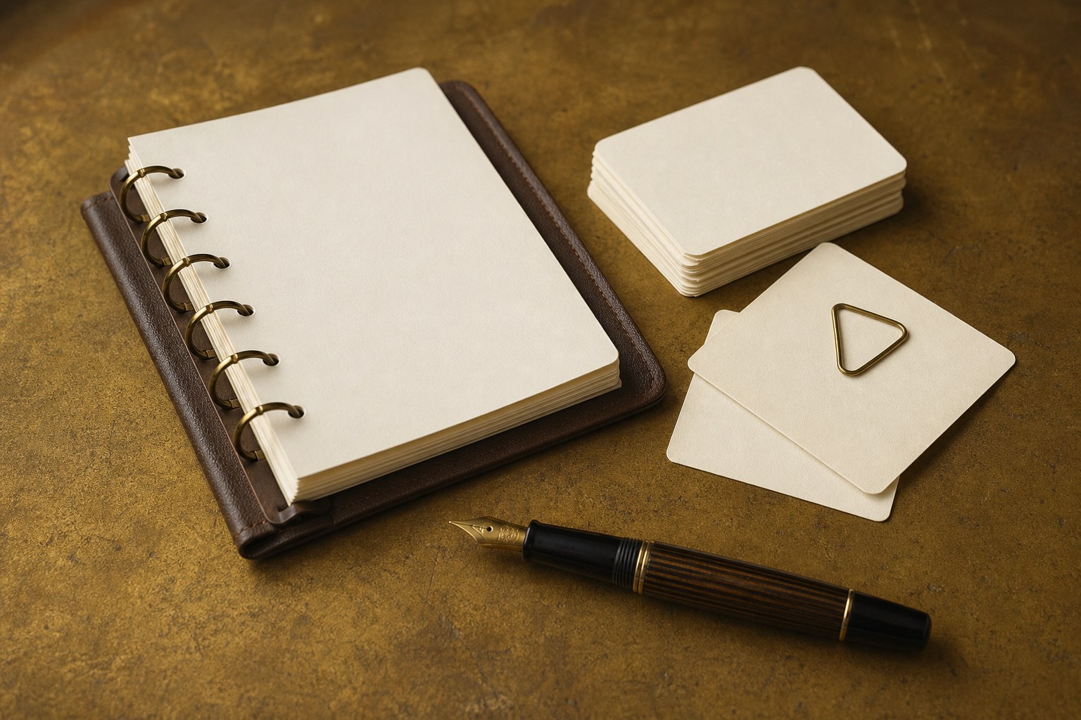 A blank ring-bound notebook, index cards, and fountain pen arranged for careful records