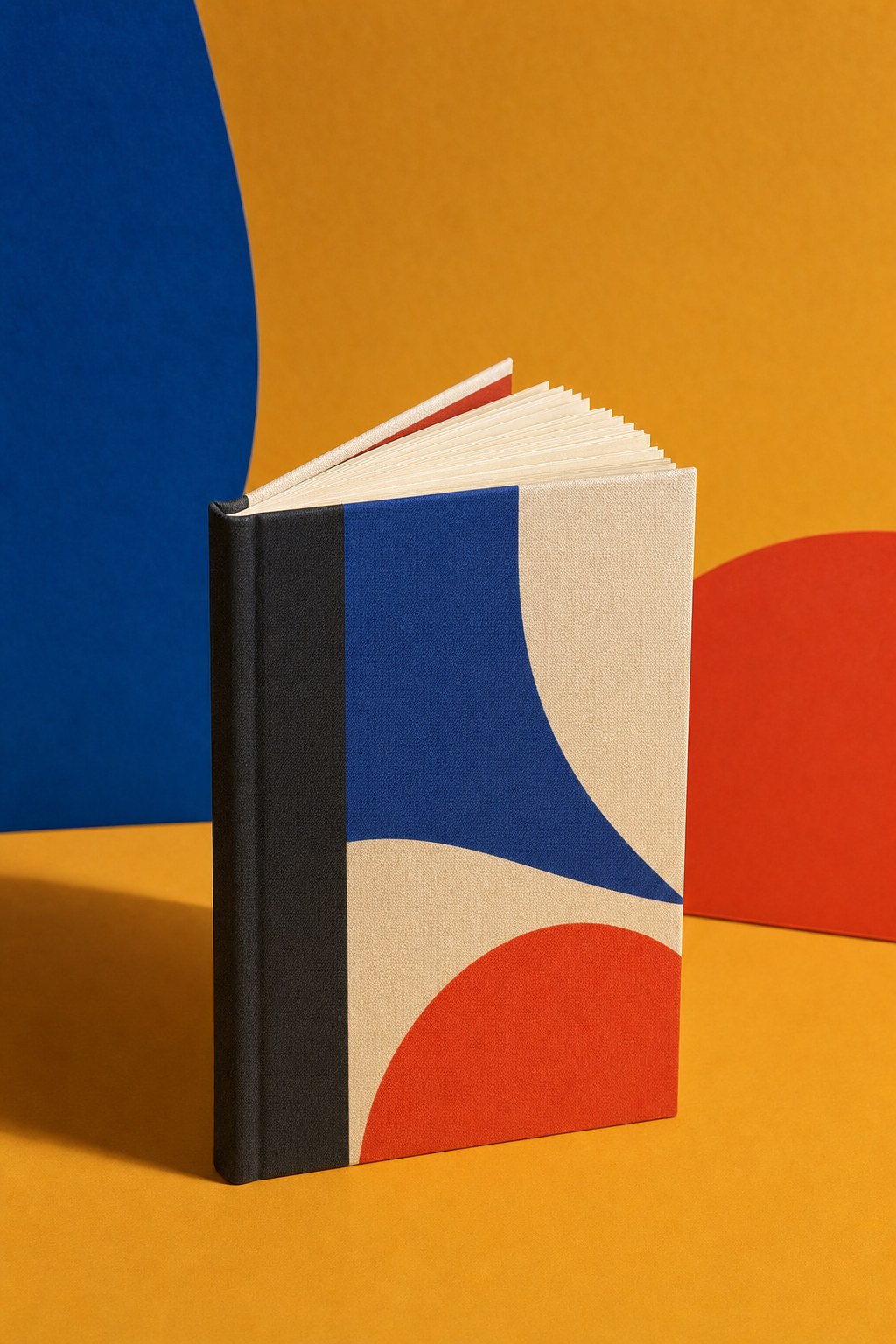 An unbranded hardback book against an ochre studio backdrop