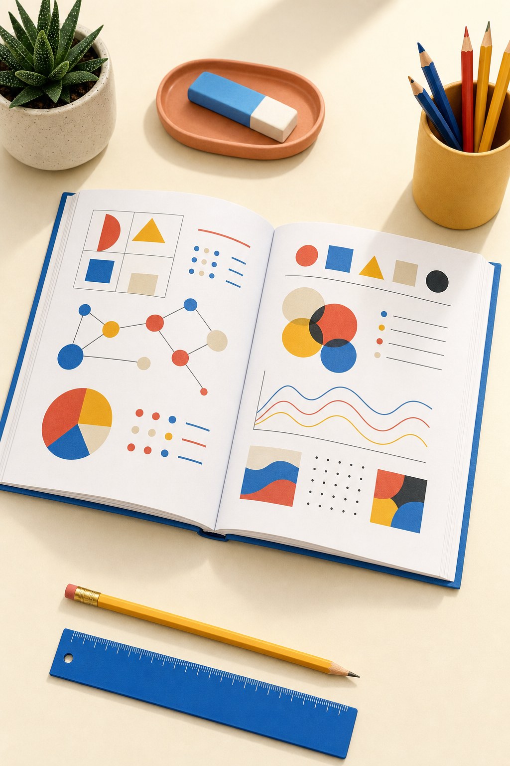 An open educational workbook with colorful abstract diagrams