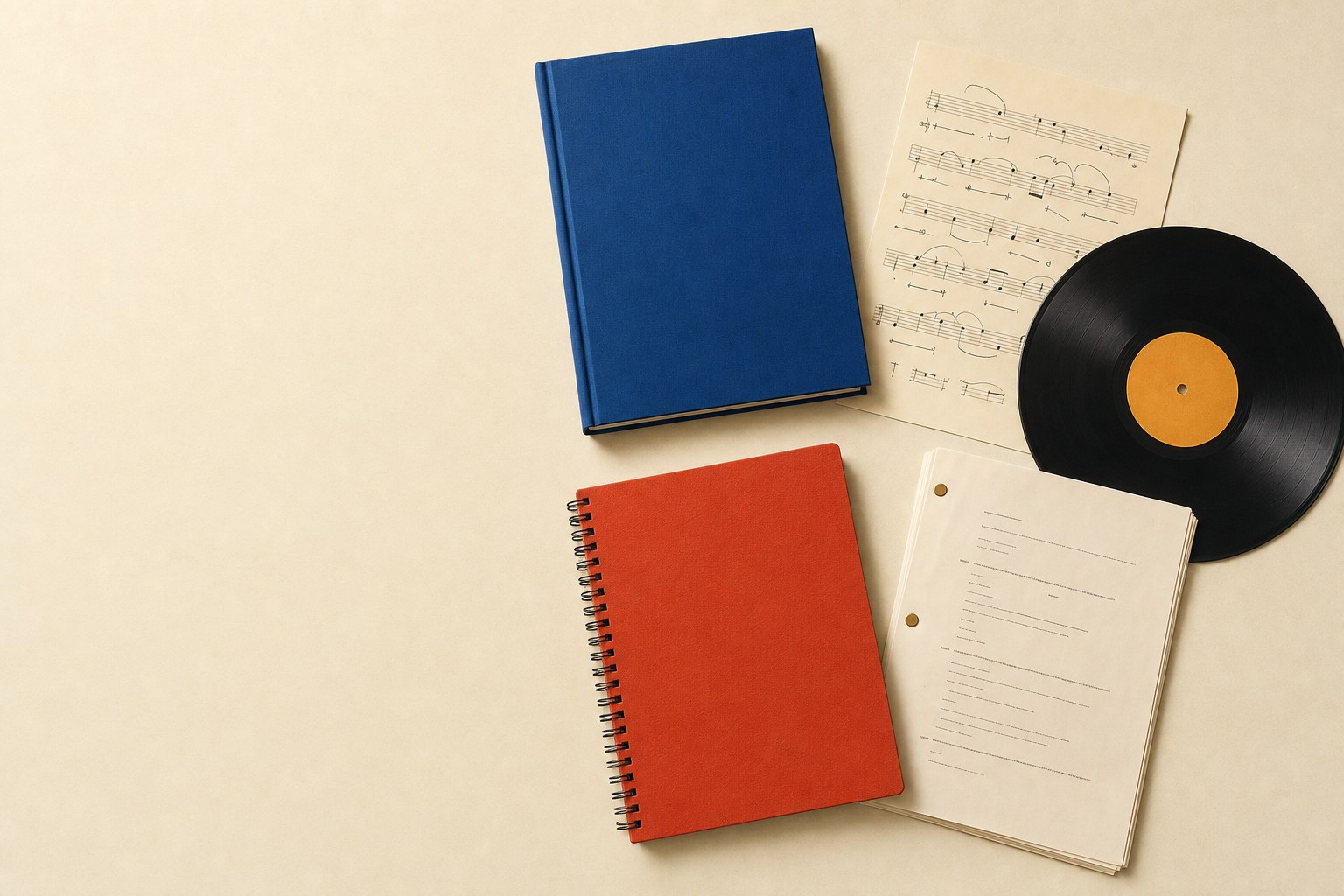 Books, a vinyl record, manuscript pages, and a workbook arranged on a cream surface