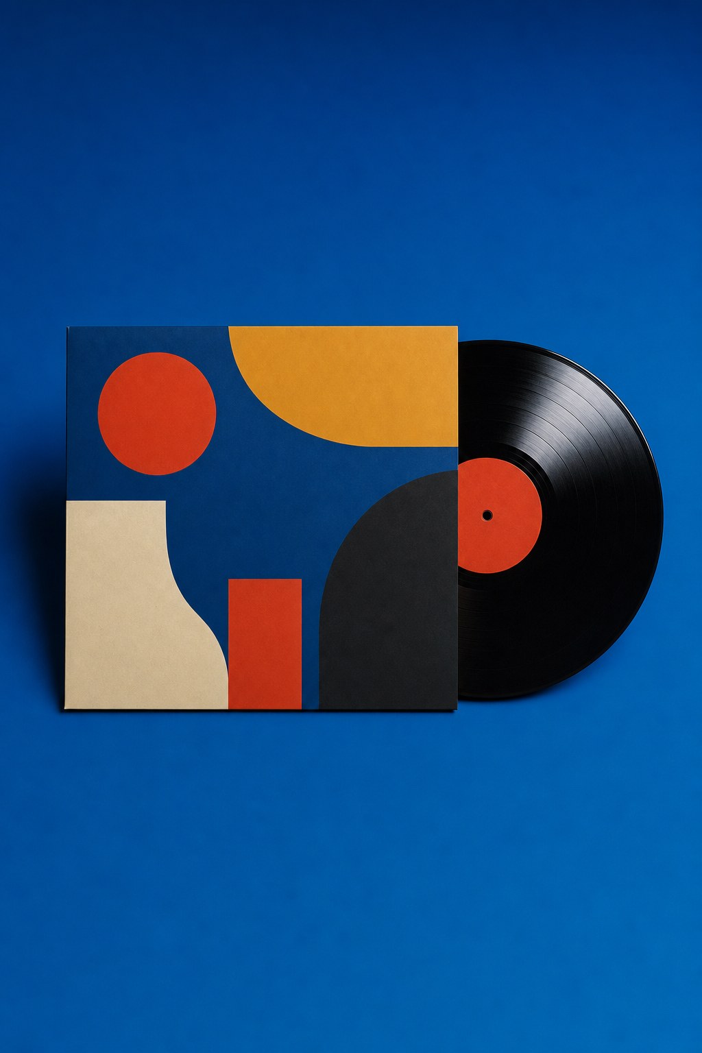 A vinyl record and abstract sleeve on a blue backdrop