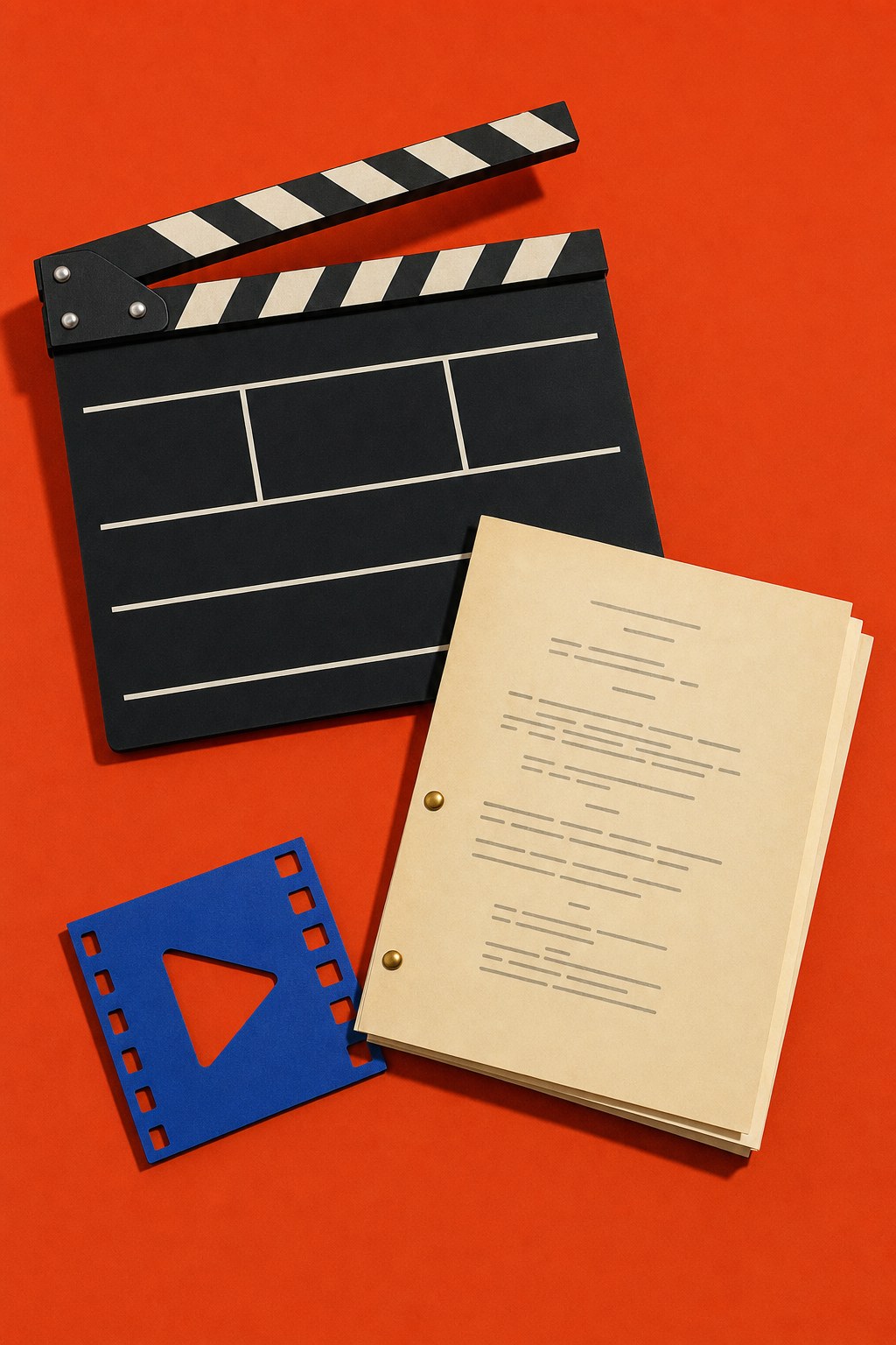 A clapperboard and screenplay on a red studio backdrop