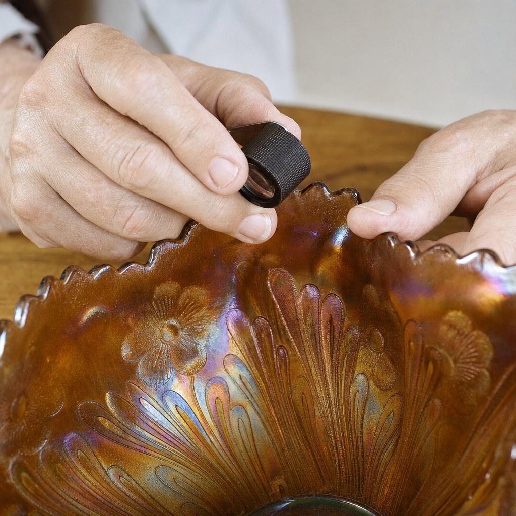 Collector using a loupe to inspect the rim of an iridescent Carnival glass bowl