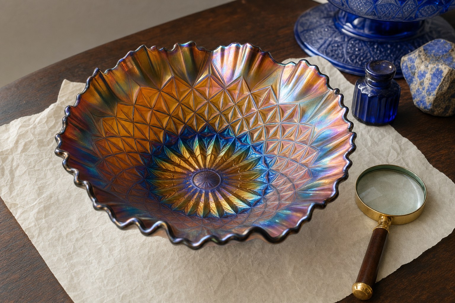 Iridescent Carnival glass bowl on a collector’s table