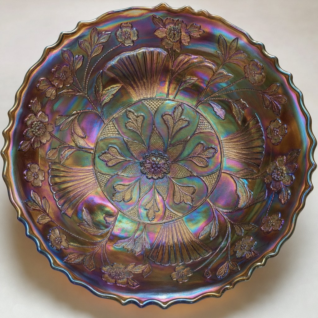 Close view of a molded floral Carnival glass plate with iridescent finish