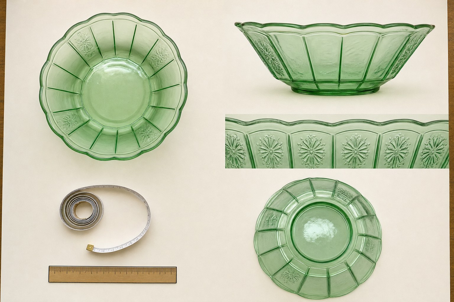 Green pressed glass bowl shown from several angles alongside a tape measure and ruler