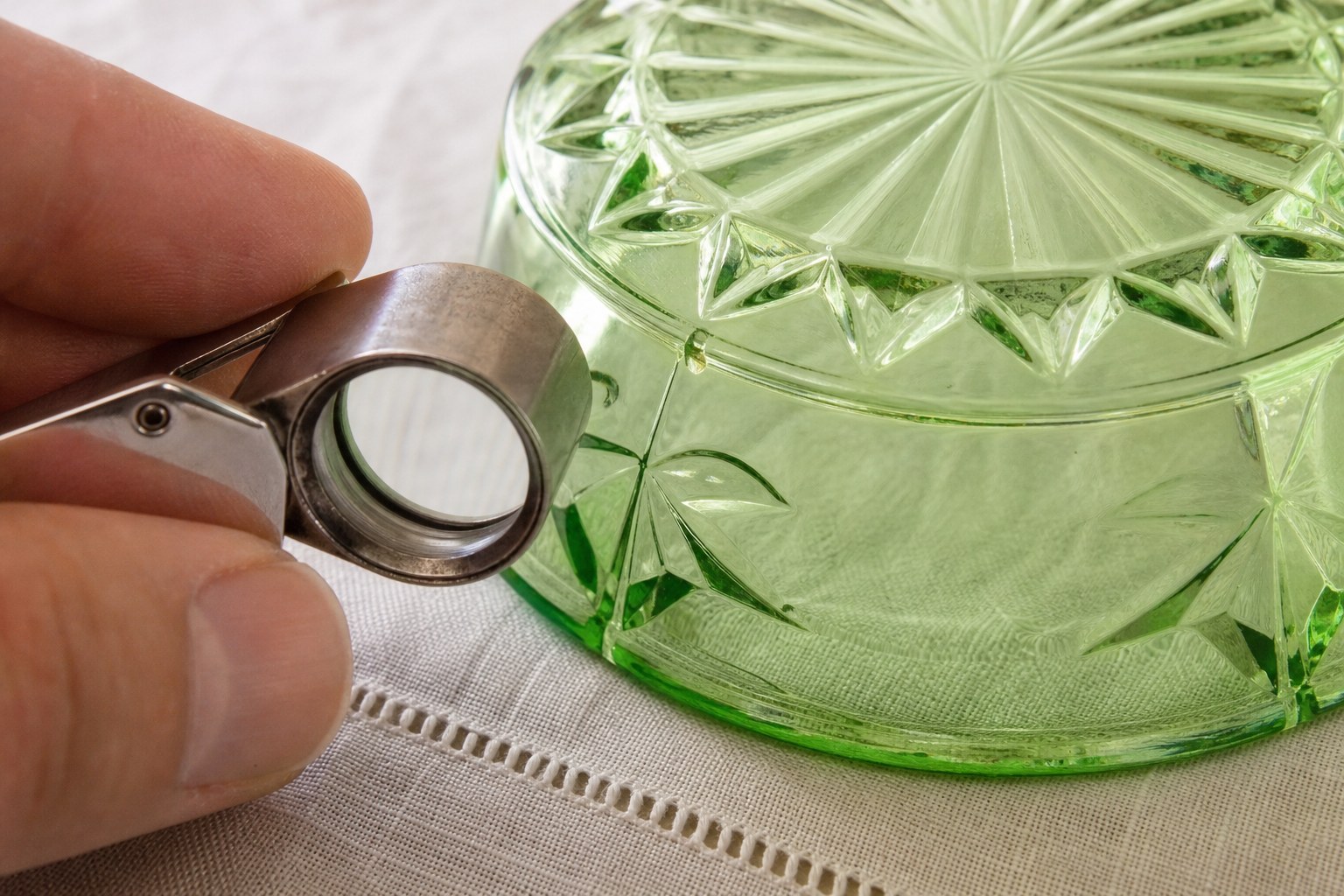 Close view of a jeweler's loupe inspecting the rim of a green pressed-glass bowl