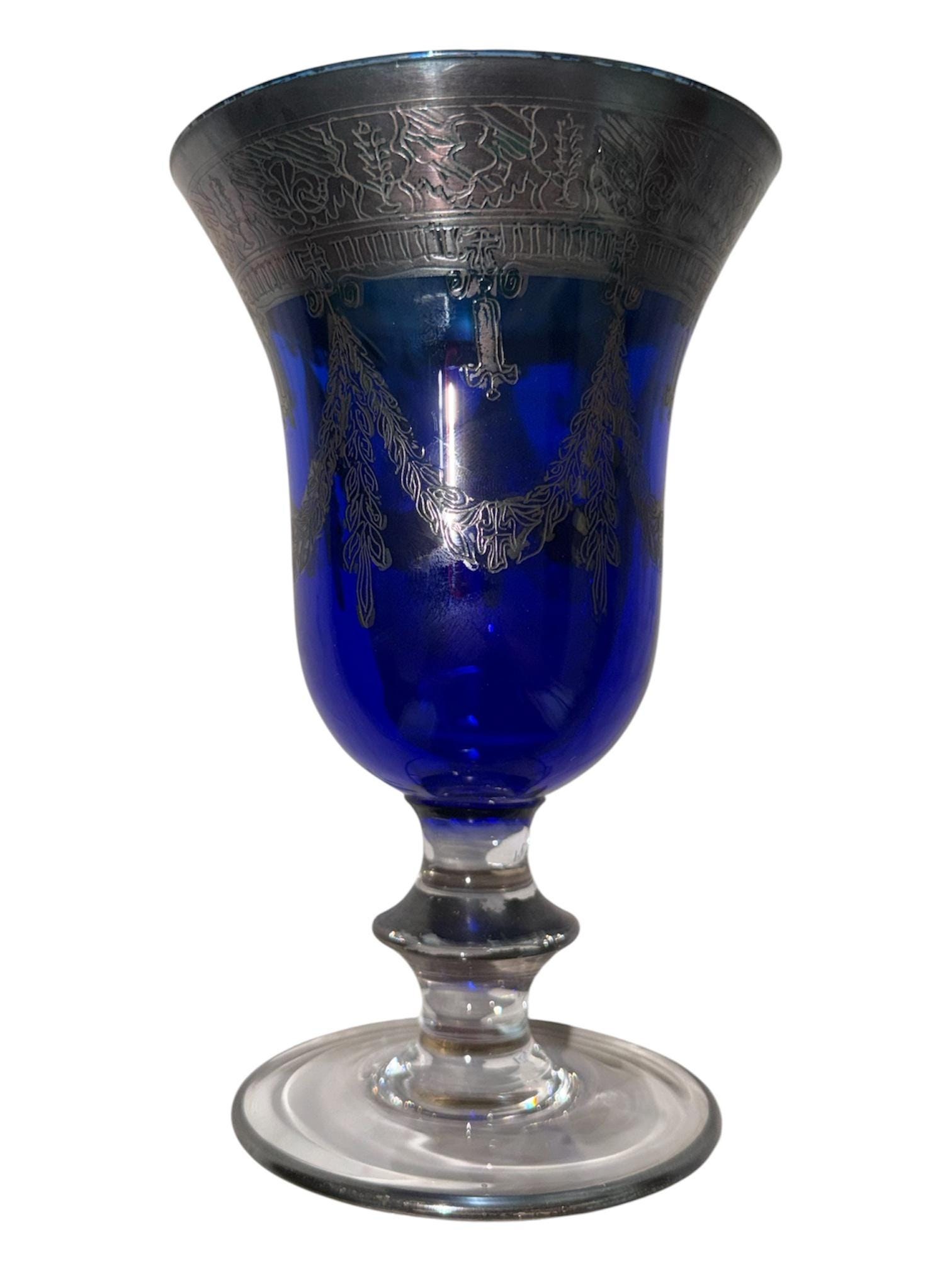 Vintage Cobalt Blue Glass Goblet, Silver Overlay, Ornate Antique Barware