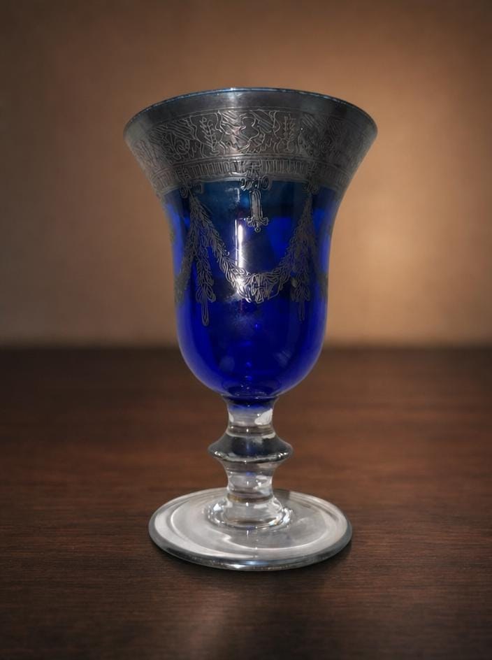 Vintage Cobalt Blue Glass Goblet, Silver Overlay, Ornate Antique Barware, view 2