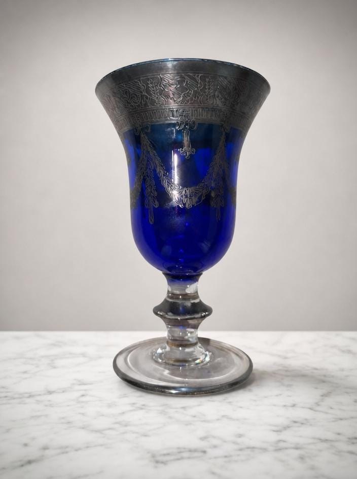 Vintage Cobalt Blue Glass Goblet, Silver Overlay, Ornate Antique Barware, view 3