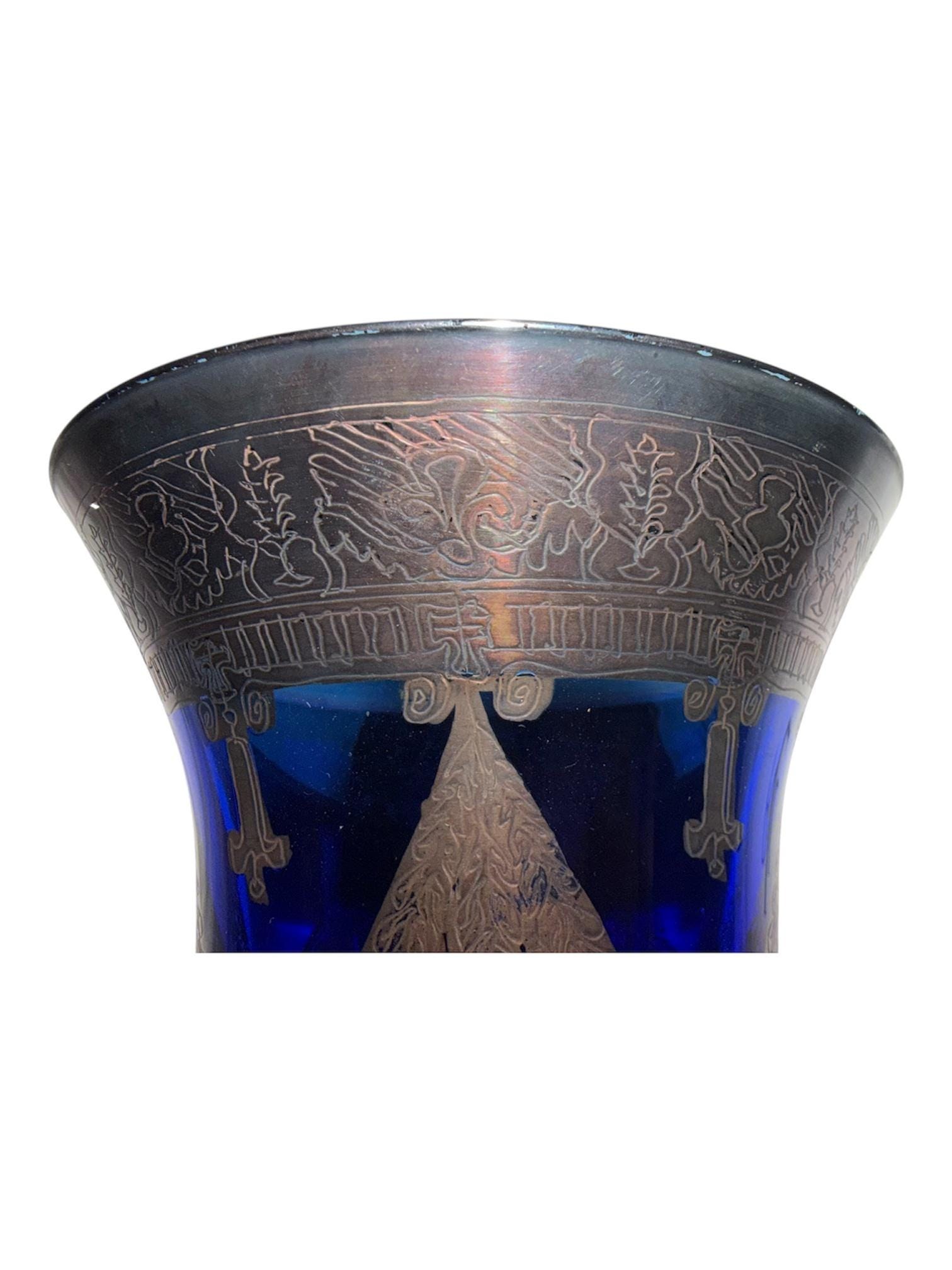 Vintage Cobalt Blue Glass Goblet, Silver Overlay, Ornate Antique Barware, view 4