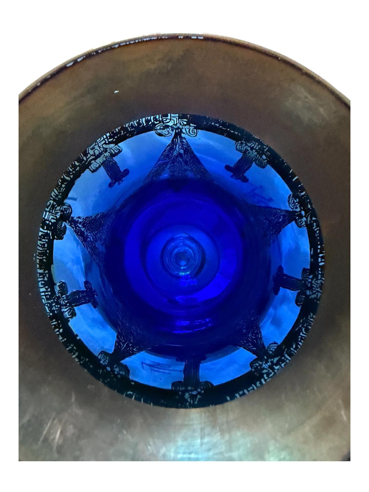 Vintage Cobalt Blue Glass Goblet, Silver Overlay, Ornate Antique Barware, view 5