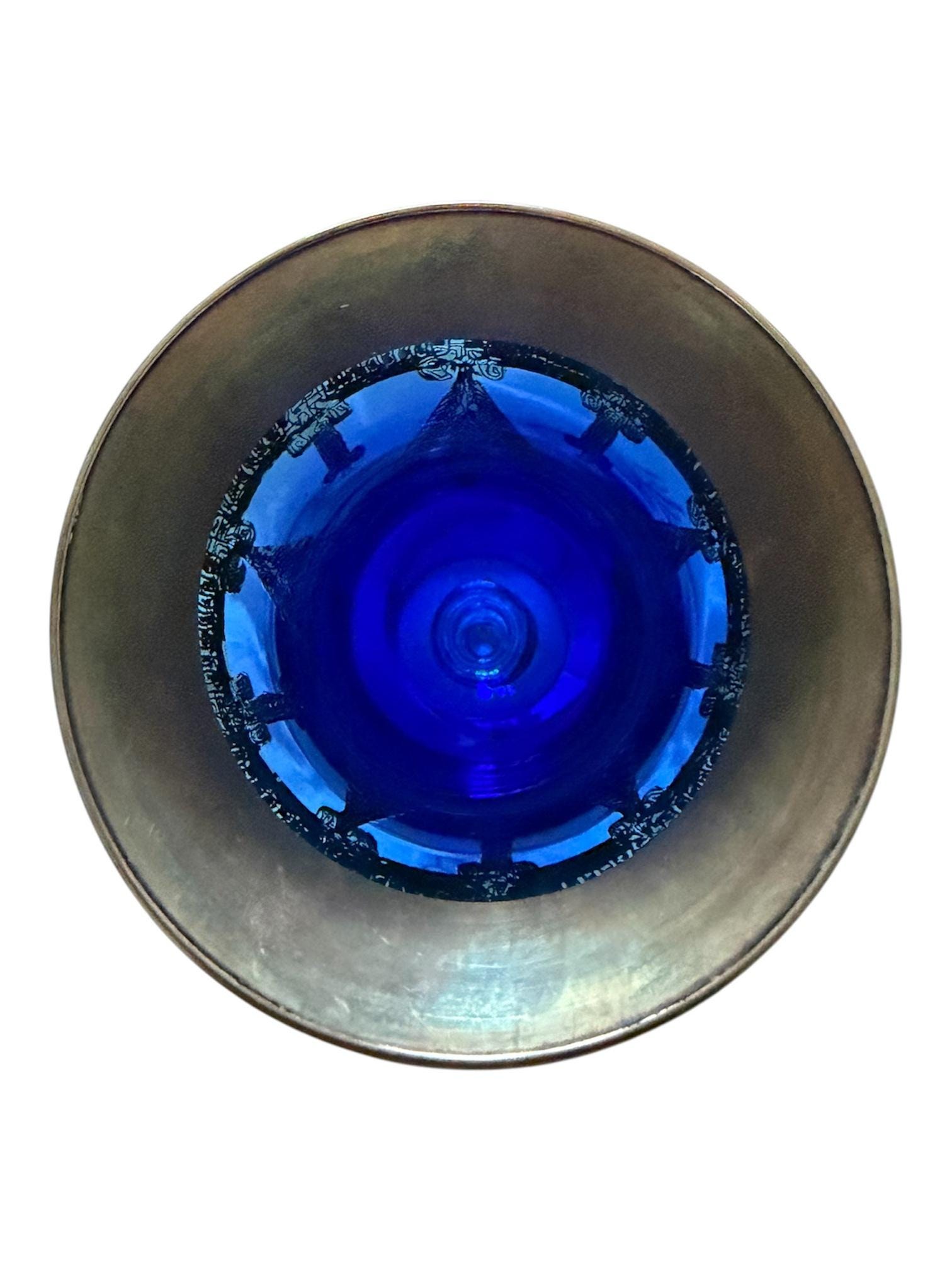 Vintage Cobalt Blue Glass Goblet, Silver Overlay, Ornate Antique Barware, view 6