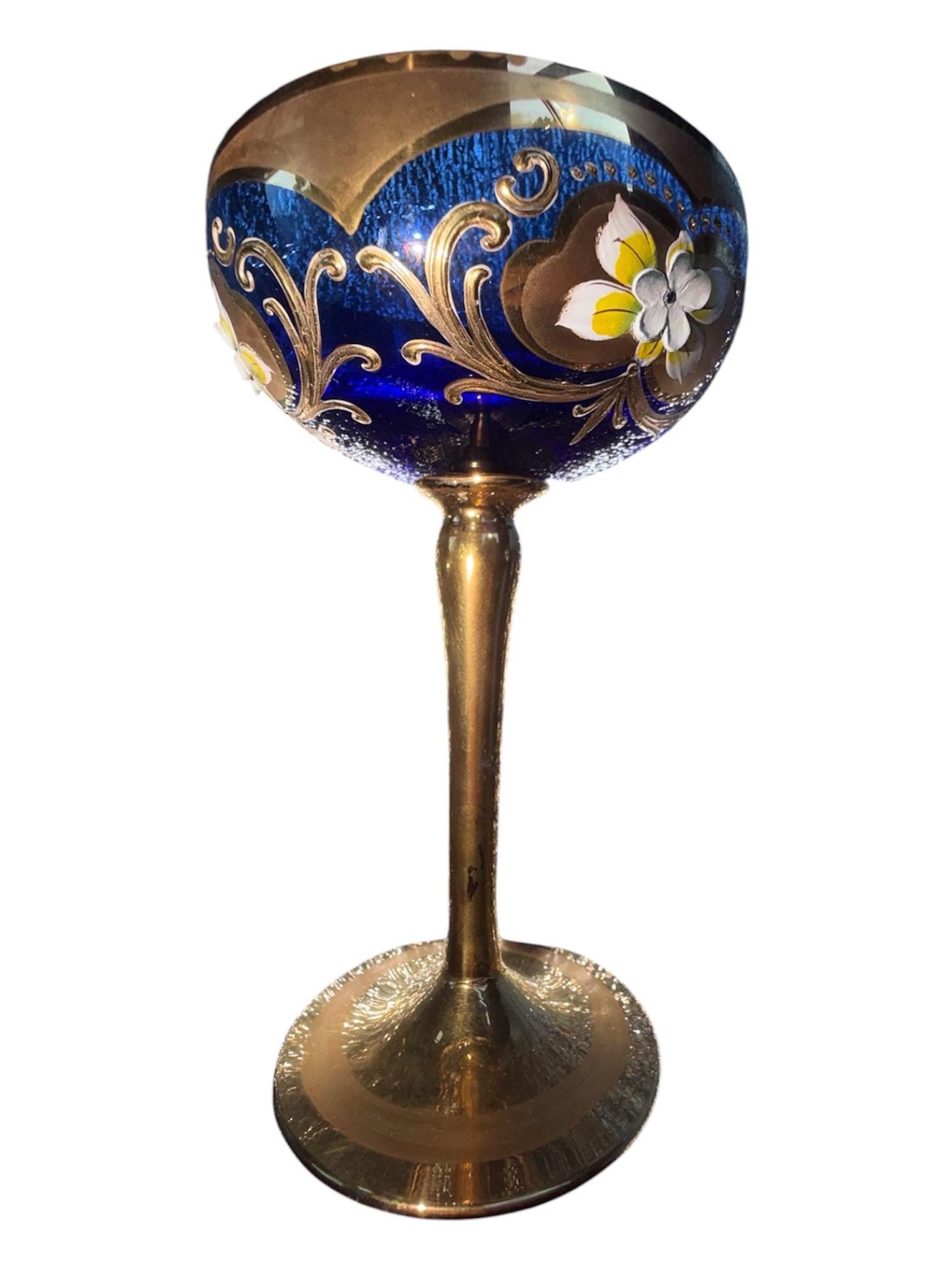 Set of 4 Murano Blue Wine Glasses, Tre Fuochi Italian Glassware, 24K Gold Trim, Enamel Detail