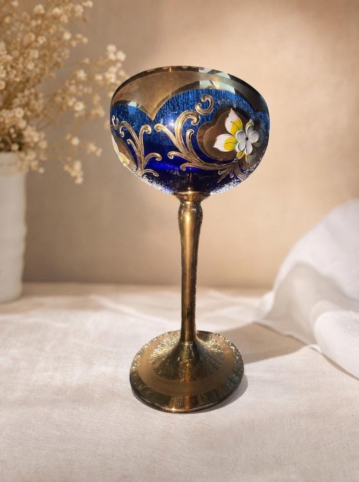Set of 4 Murano Blue Wine Glasses, Tre Fuochi Italian Glassware, 24K Gold Trim, Enamel Detail, view 2
