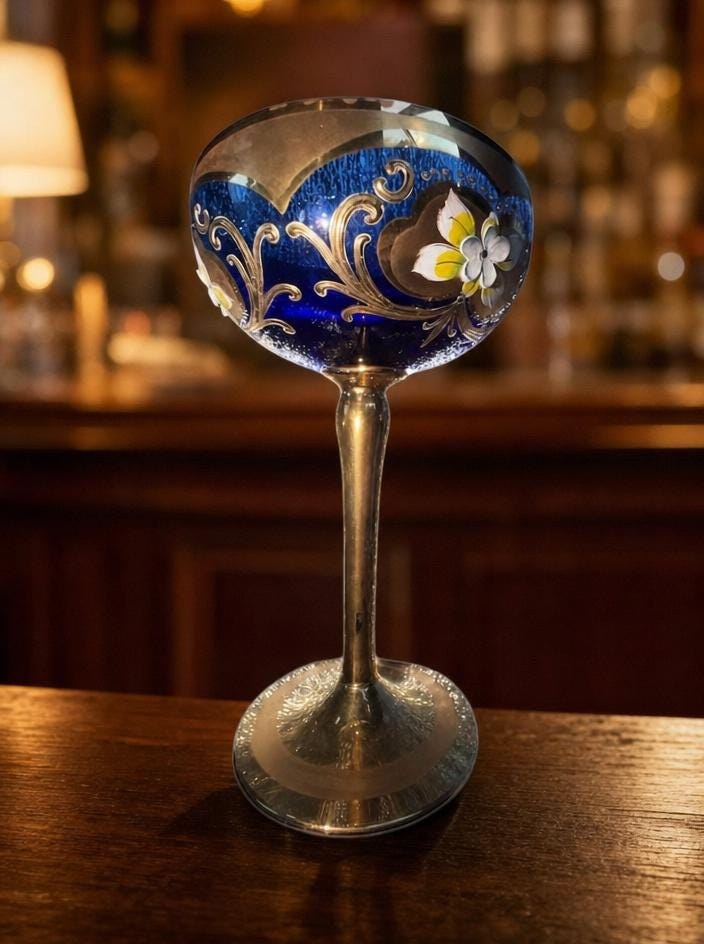 Set of 4 Murano Blue Wine Glasses, Tre Fuochi Italian Glassware, 24K Gold Trim, Enamel Detail, view 3