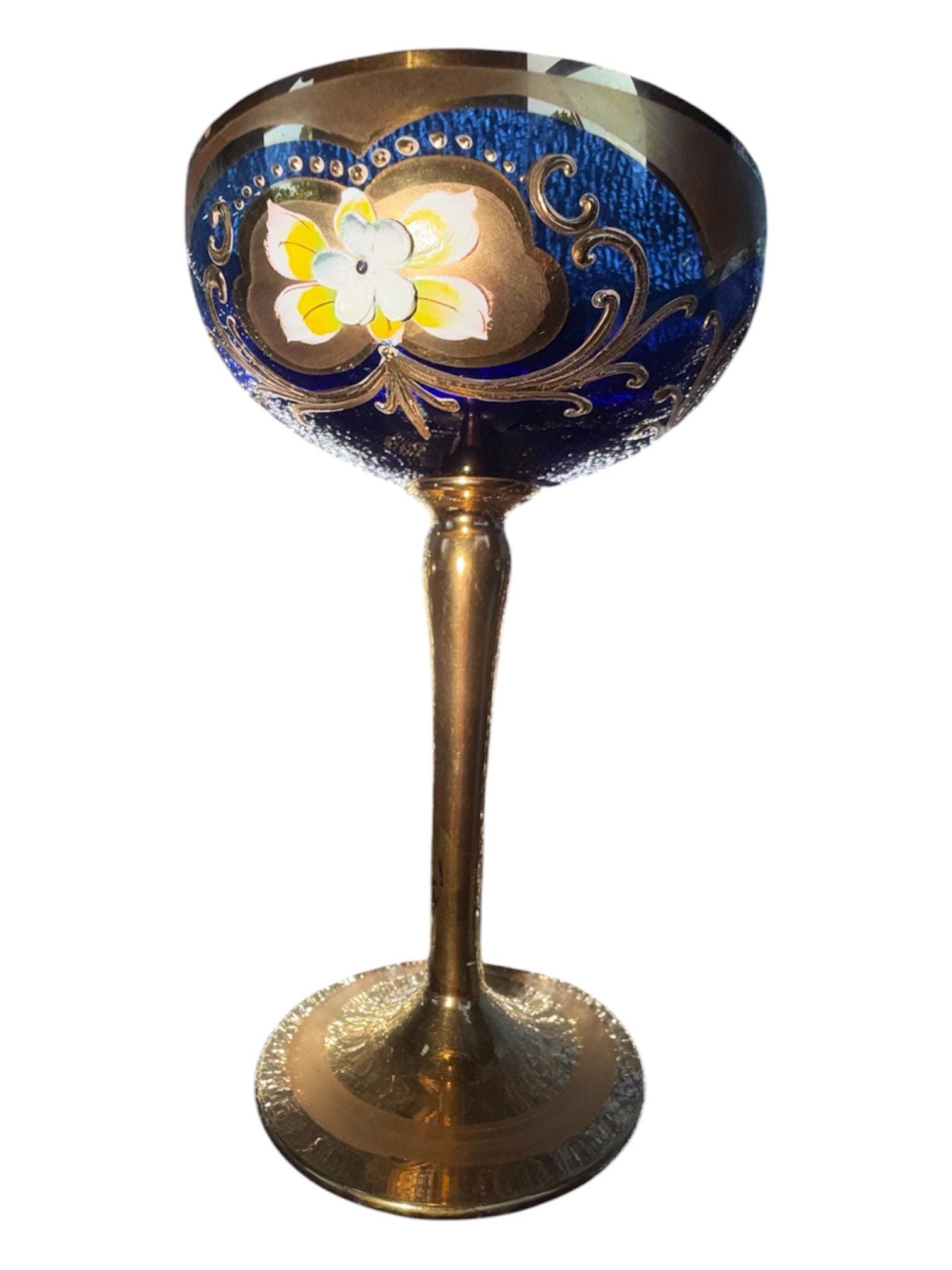 Set of 4 Murano Blue Wine Glasses, Tre Fuochi Italian Glassware, 24K Gold Trim, Enamel Detail, view 5
