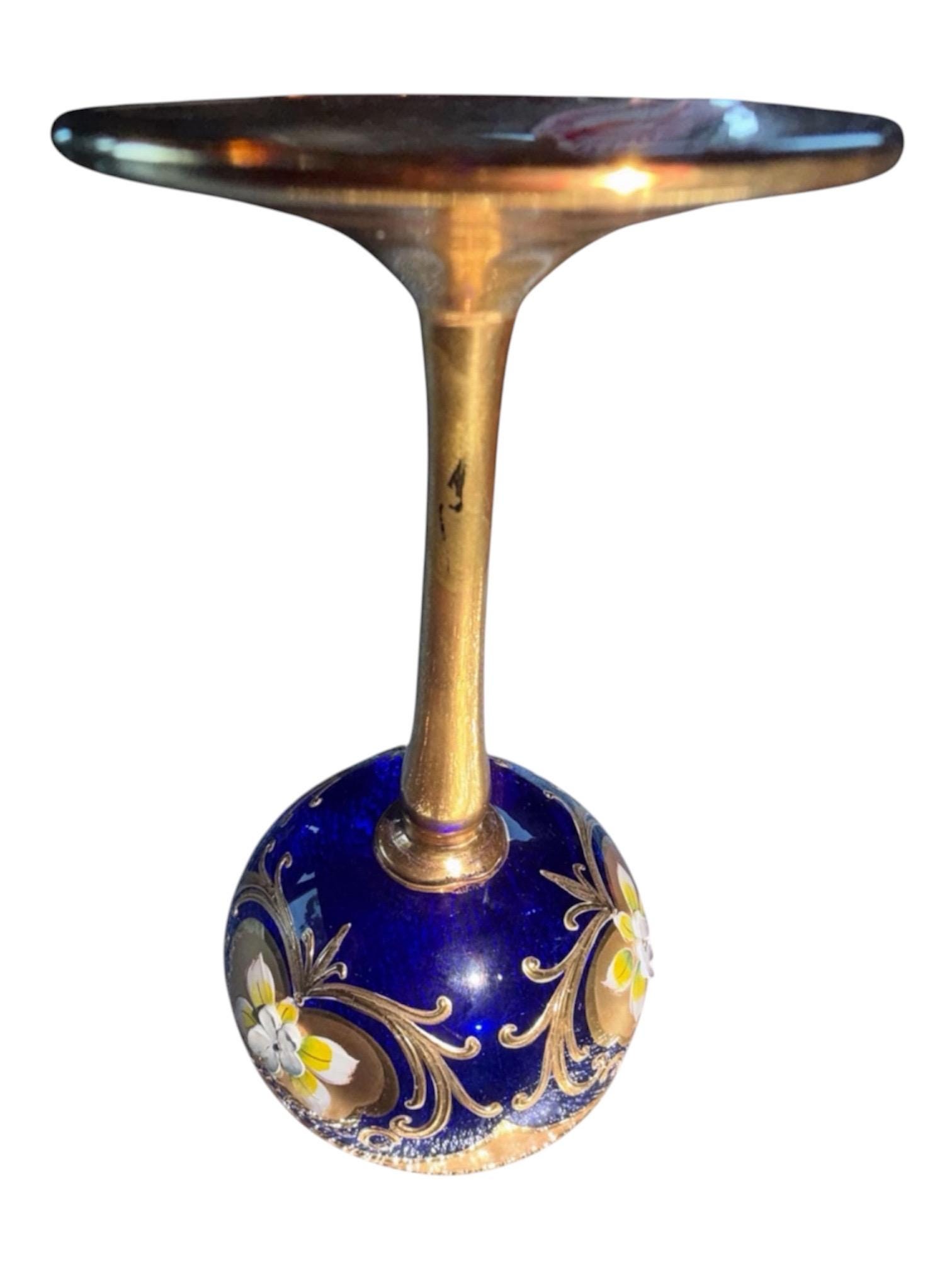Set of 4 Murano Blue Wine Glasses, Tre Fuochi Italian Glassware, 24K Gold Trim, Enamel Detail, view 6