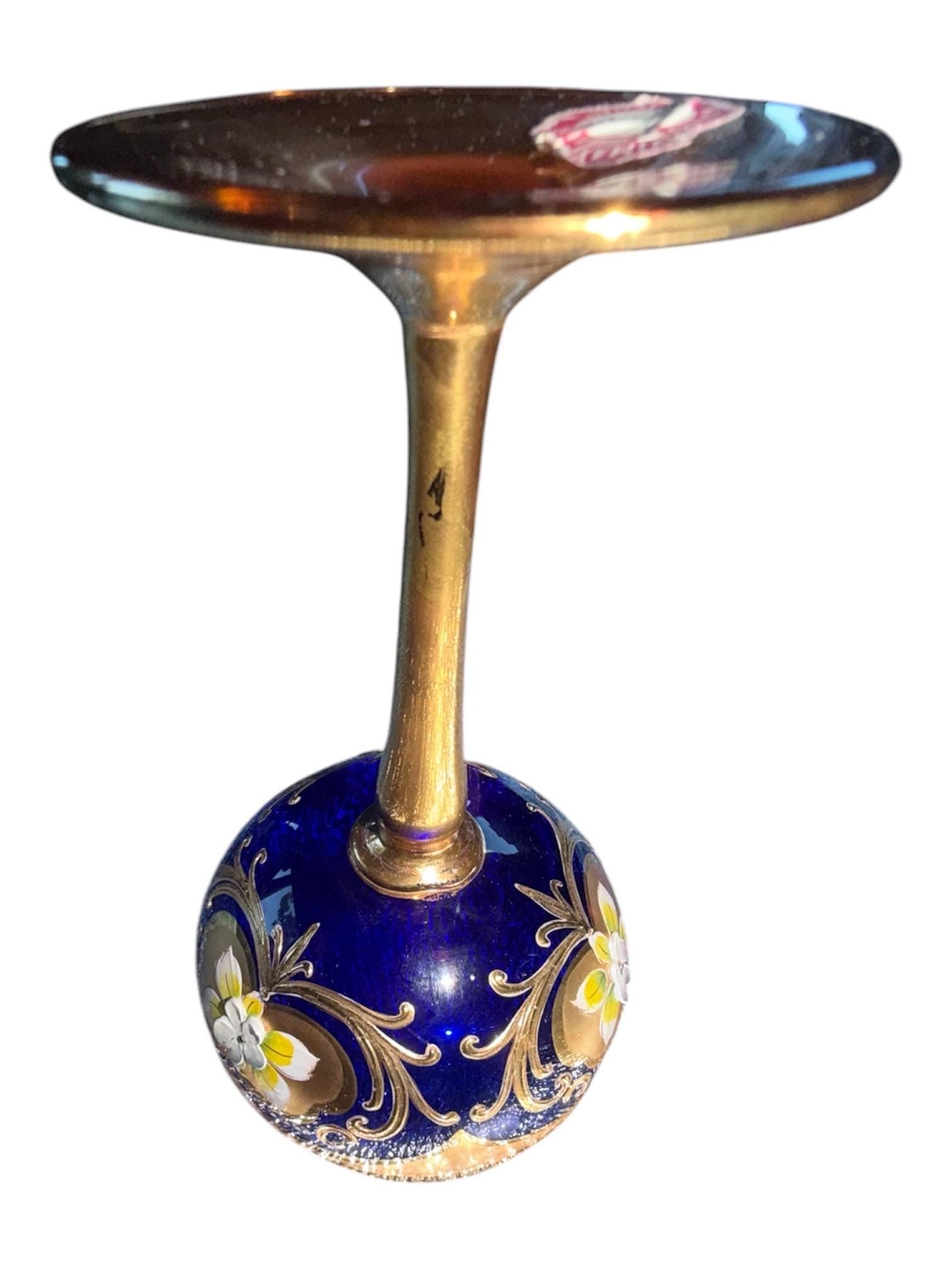 Set of 4 Murano Blue Wine Glasses, Tre Fuochi Italian Glassware, 24K Gold Trim, Enamel Detail, view 7