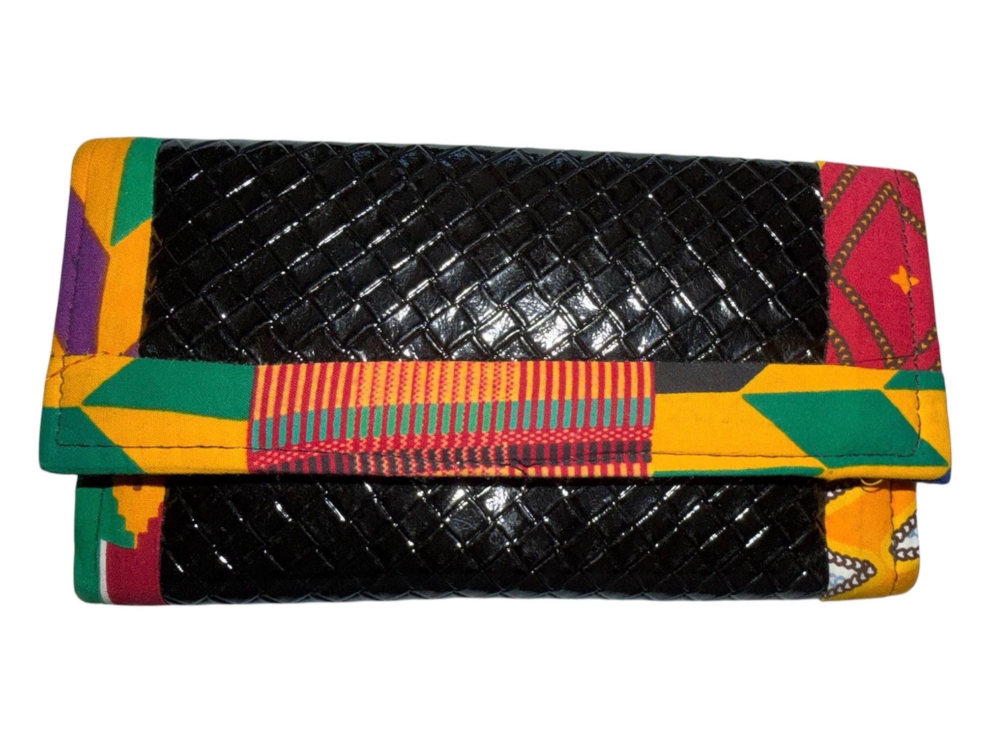 Handmade Kente Print Clutch Wallet, African Fabric Faux Leather Bag (9"W x 5"H)